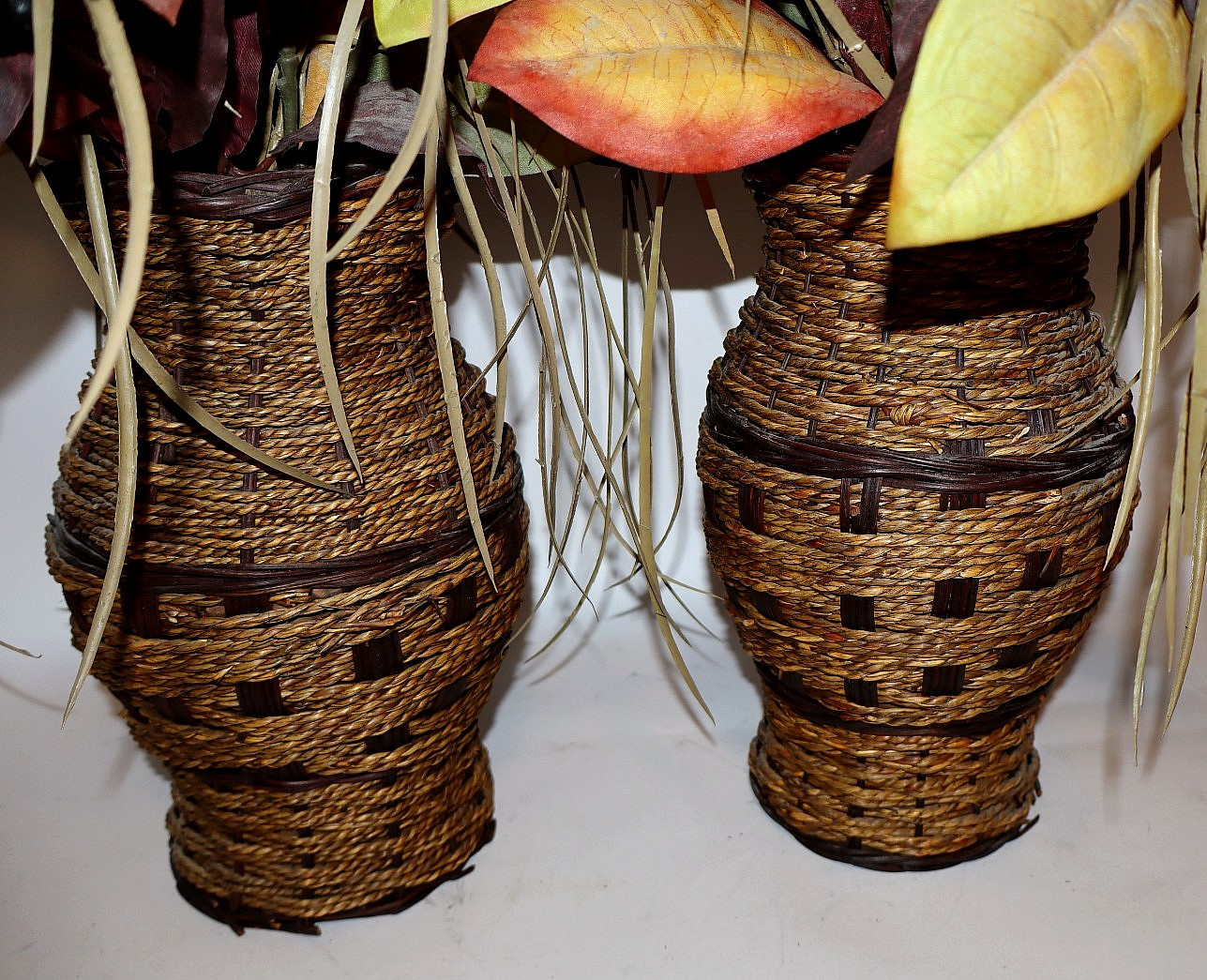 Pair of High Quality 30″ tall Faux Foliage Arrangements in Woven Pottery Vases