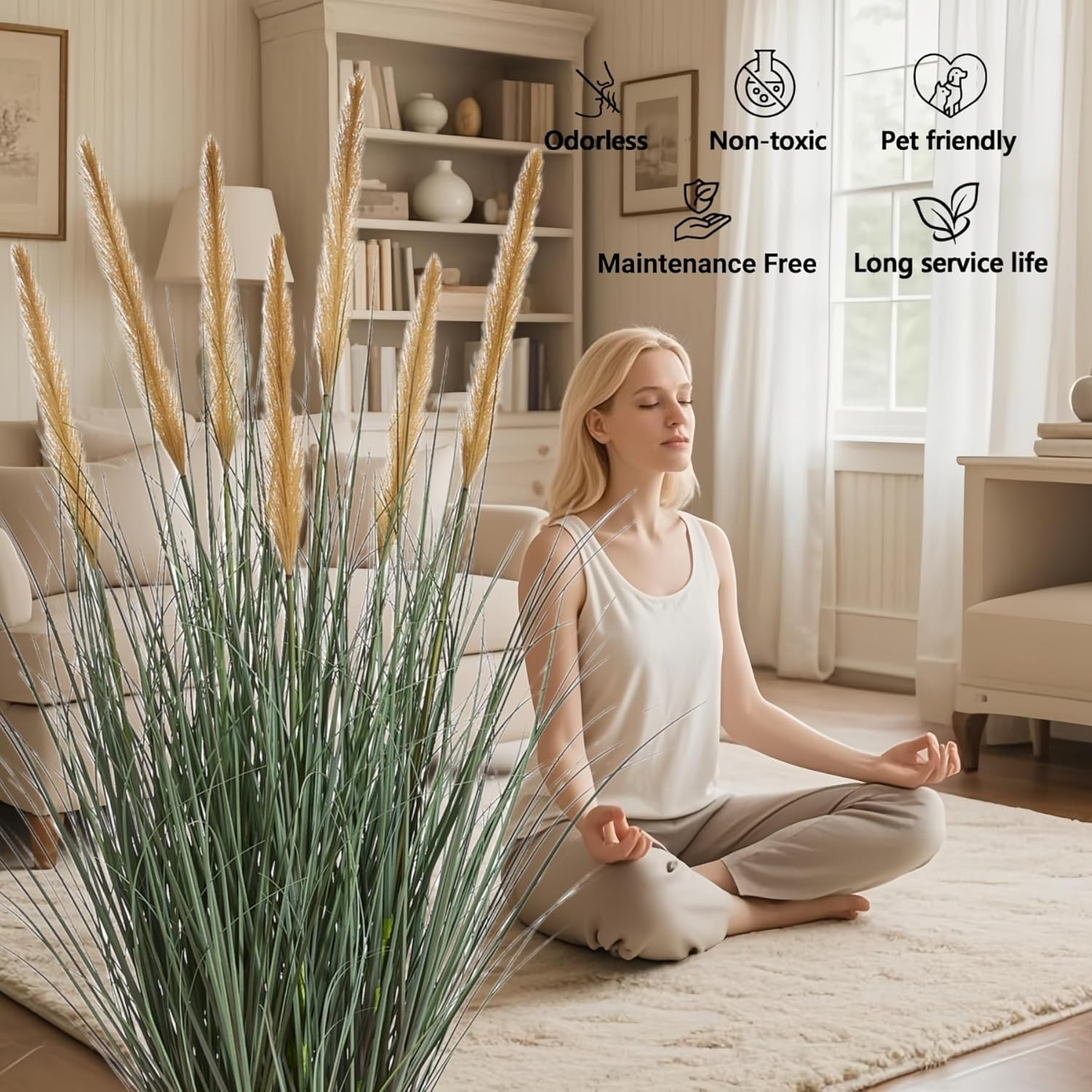 3Ft Faux Onion Grass Plant with Feathery Flowers – Indoor/Outdoor Decor