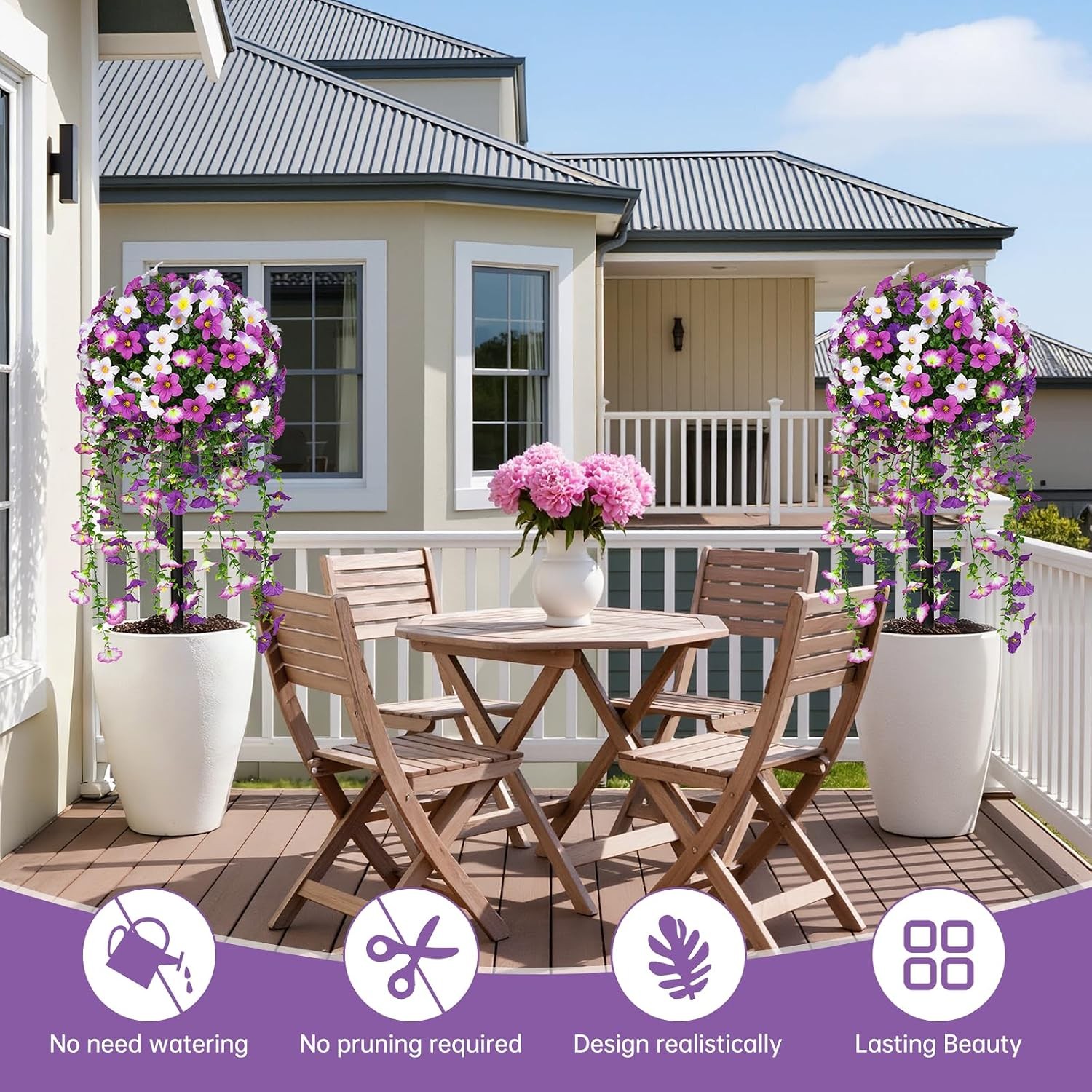 Artificial Topiary Ball Trees with Purple Morning Glory Flowers, 3FT Artificial