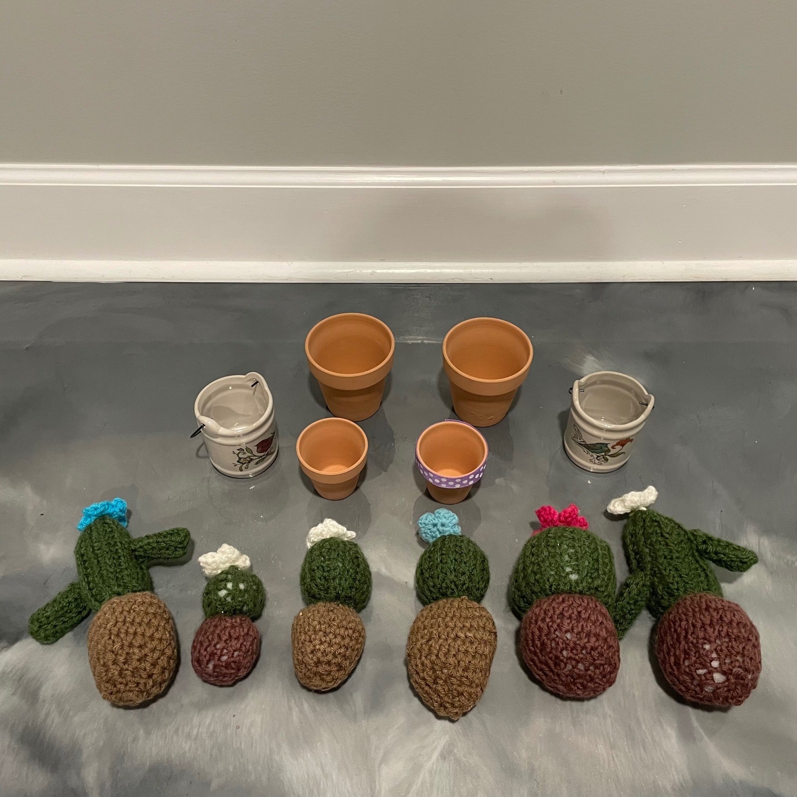 Handmade Crochet Cactus Succulent Set of 6 Potted Yarn Plants Decor Multi Color