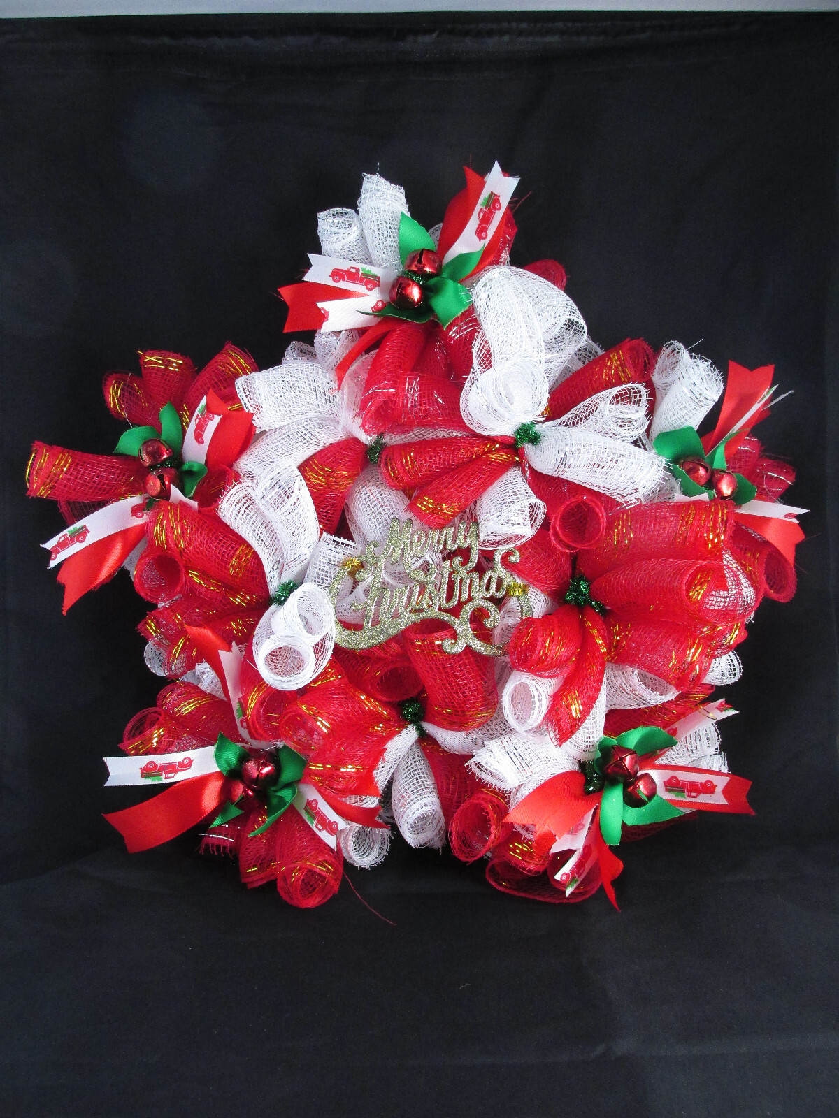 Red, White, and Green Woodland Cruffle Christmas Star Deco Mesh Wreath