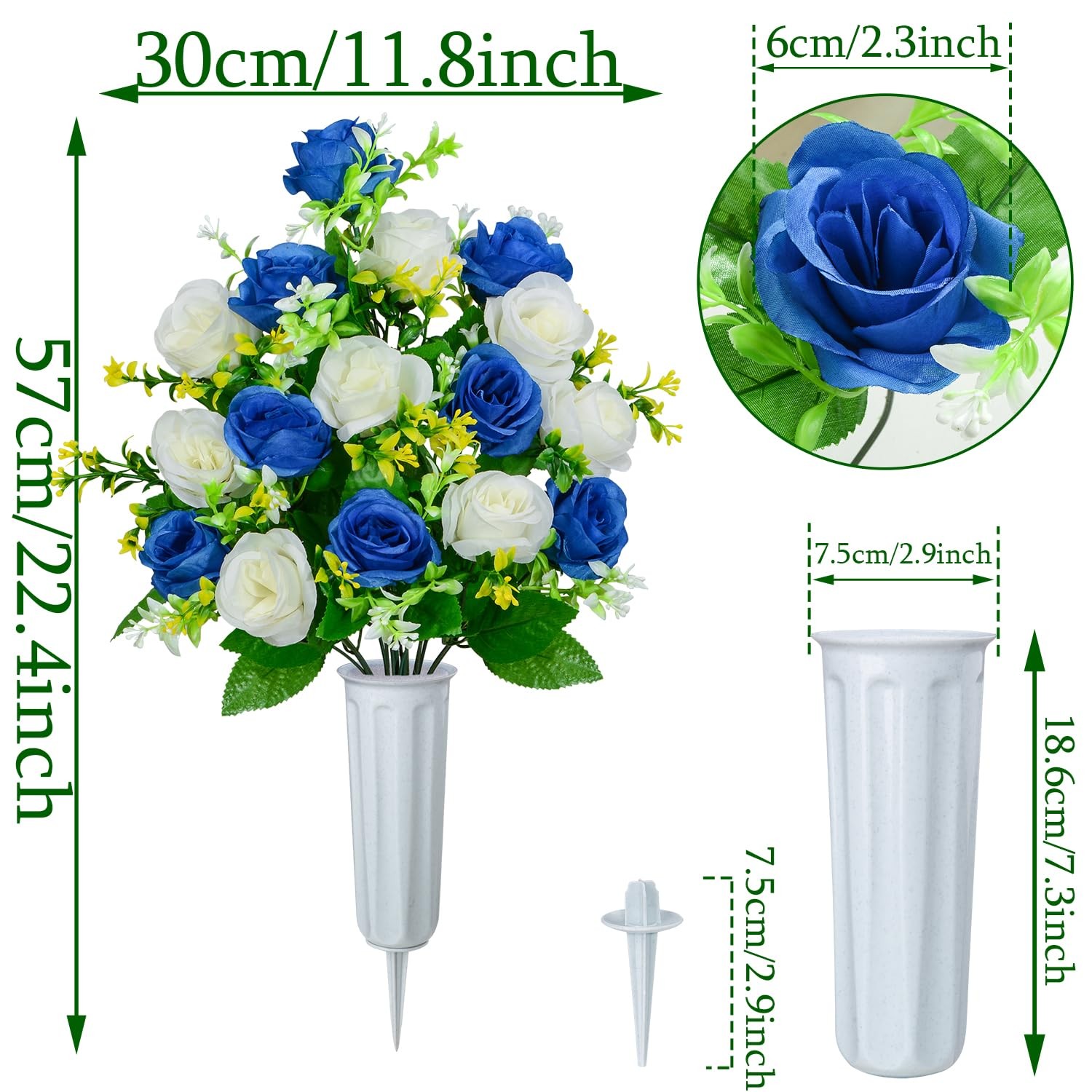 Artificial Cemetery Flowers Rose Bouquet Vase Headstones Dark Blue White 2 PCS