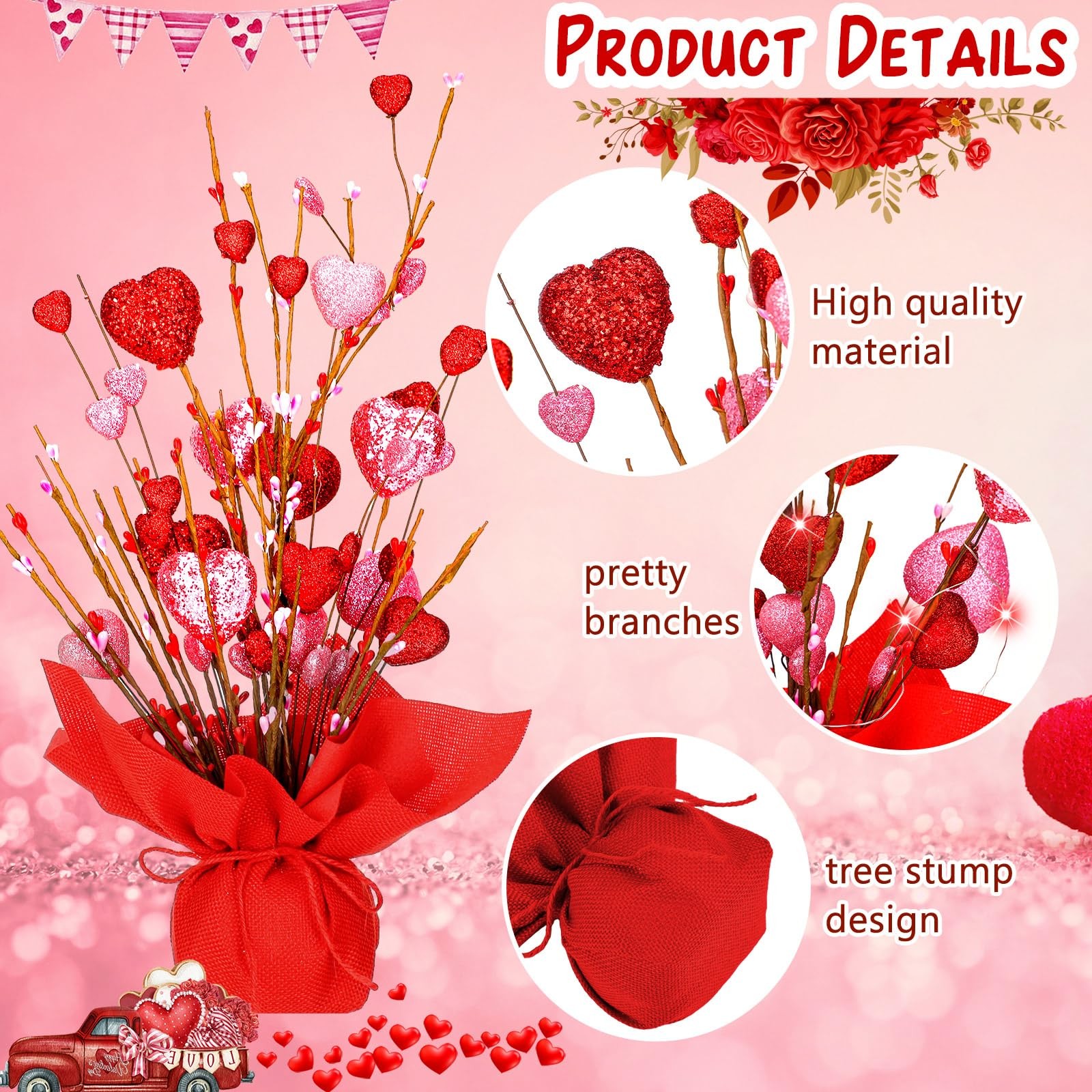 2 Pack Valentines Heart Table Tree Decorations 18 Inch LED Light up Artificia…
