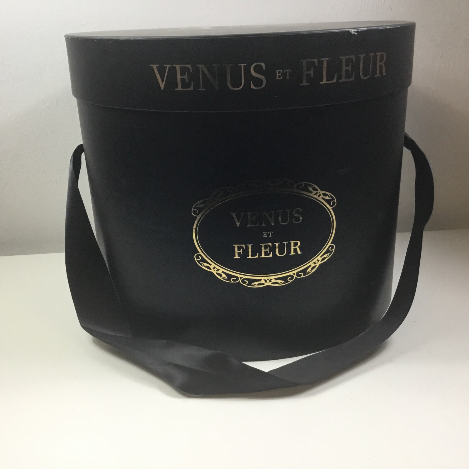 Venus Et Fleur Large Flower Box Black Gold Lettering Violet Roses9”tall 12”dia.