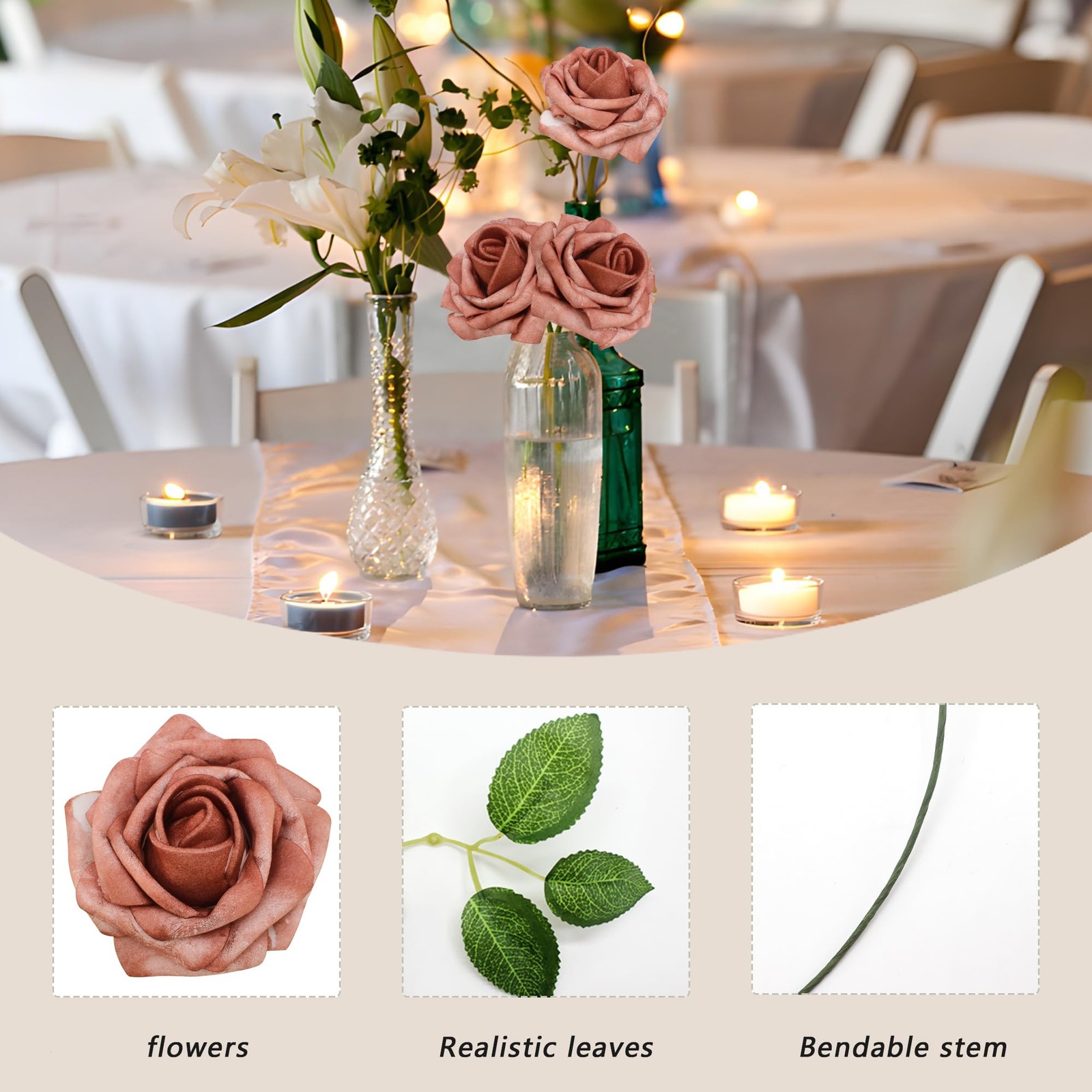 50PCS Warm Taupe Artificial Roses, Real Looking Foam Flowers, Leaves, DIY