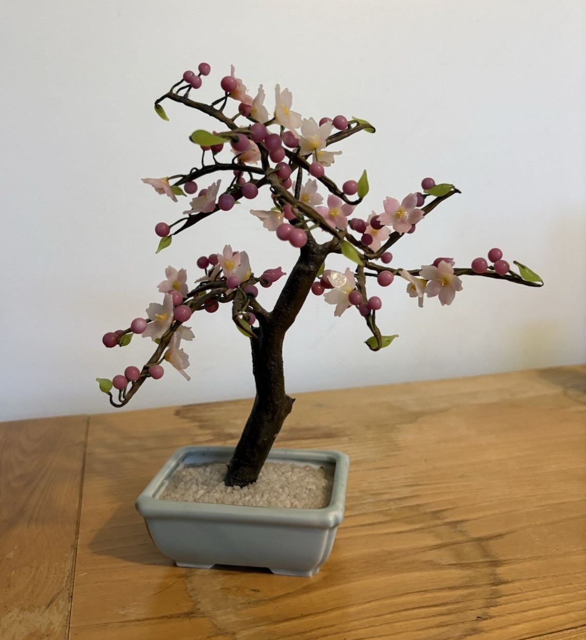 Vintage Cherry Blossom Bonsai Tree w/ Pink Blossoms & Berries Gray Planter