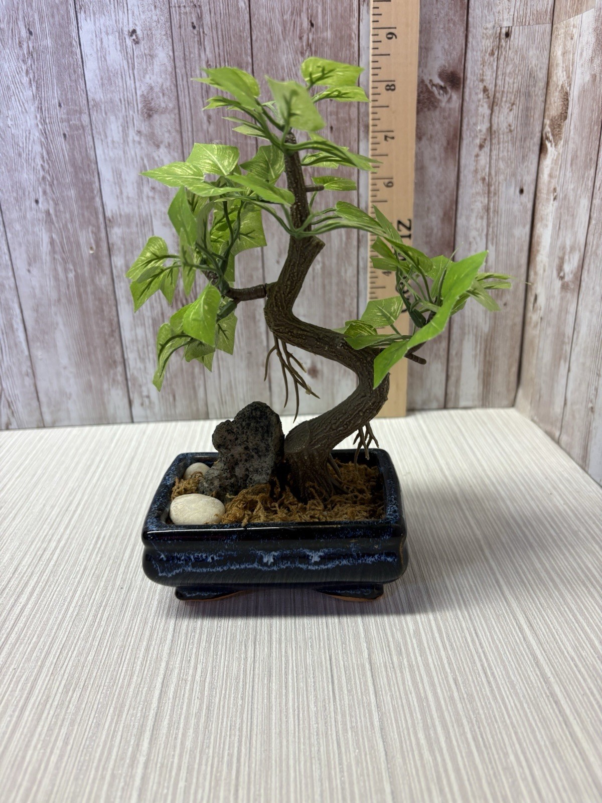 Artificial Bonsai Tree 8” Faux Plant In Vintage Blue 4×3 Pot FREE SHIPPING