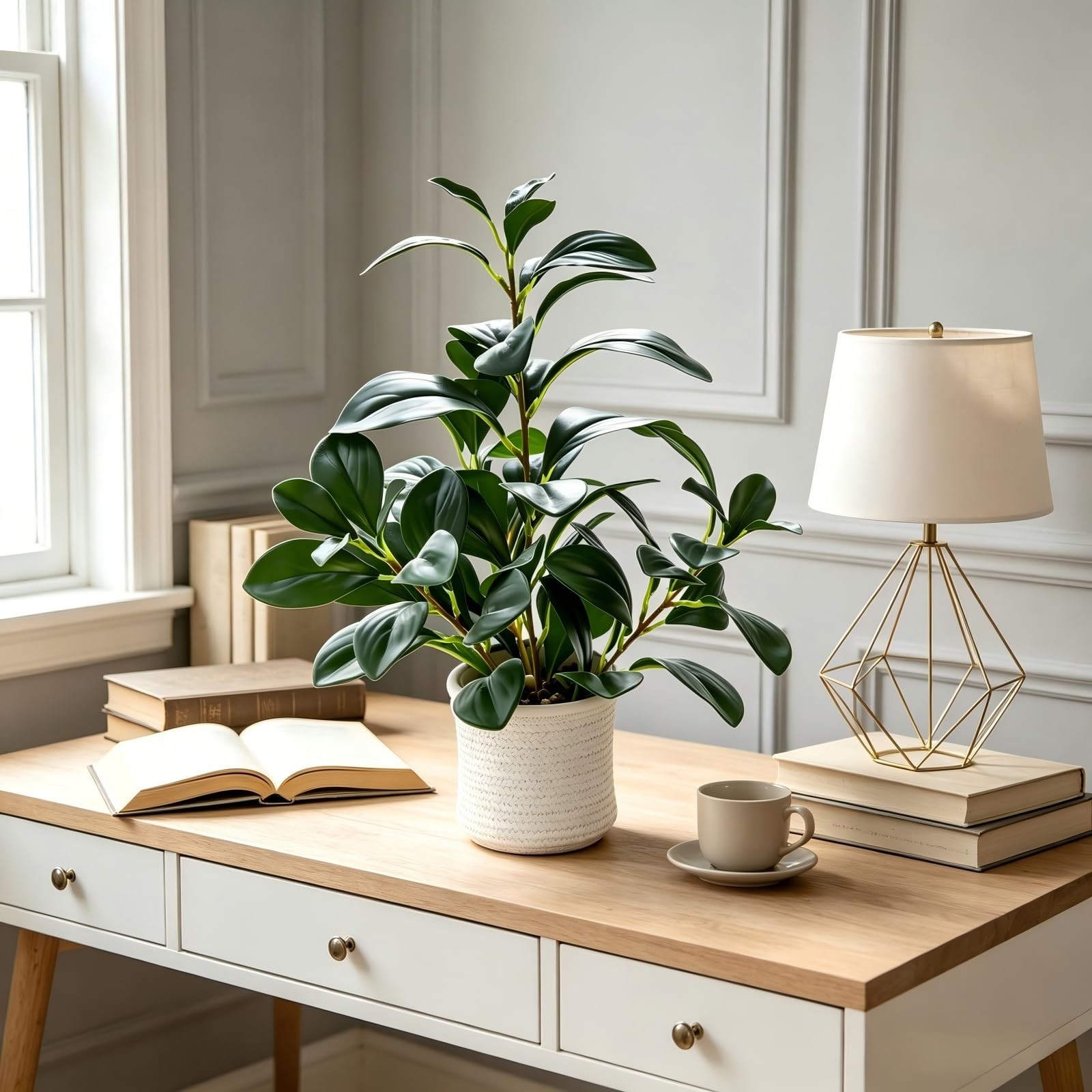 16 inch Artificial Indoor Plants Office Desk Faux Plant Peperomia Leaf Ficus Pla