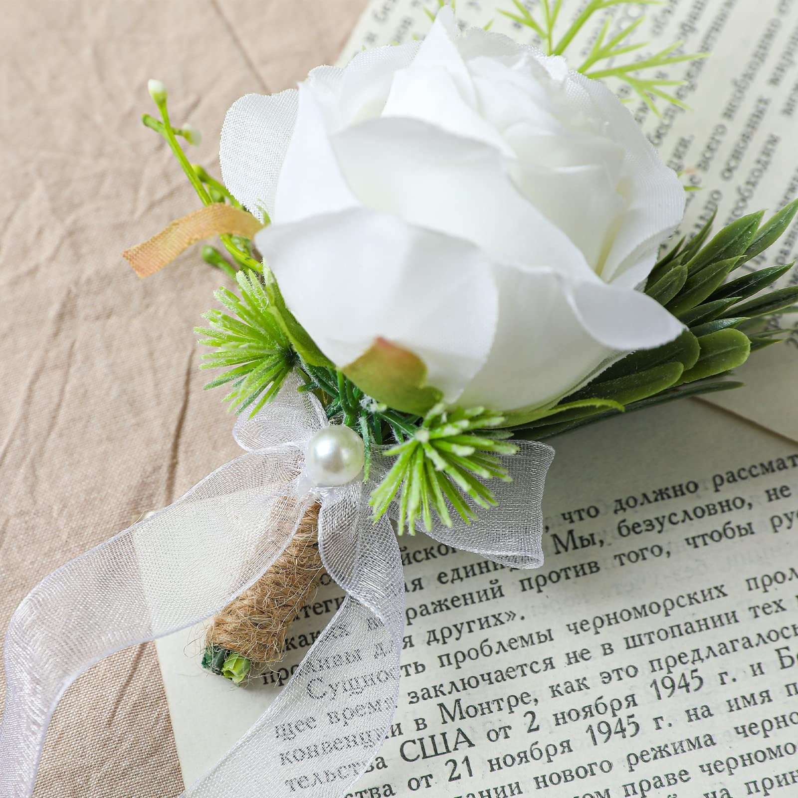 White Artificial Rose Wrist Corsage Flowers for Wedding, Prom Party, 4 PCS Set