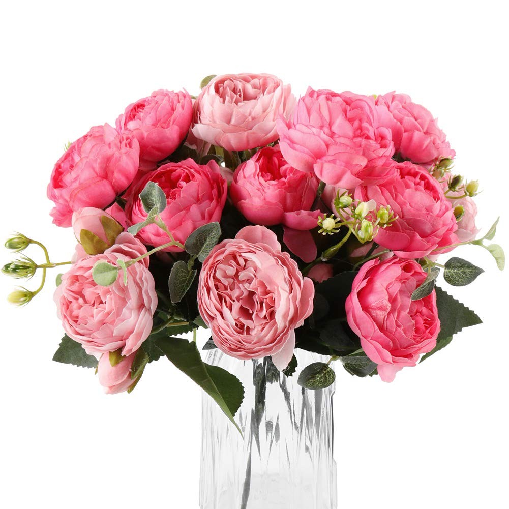 4 Bundles Artificial Peony Flower Silk Peonies Bouquet Rose Red Pink Decor