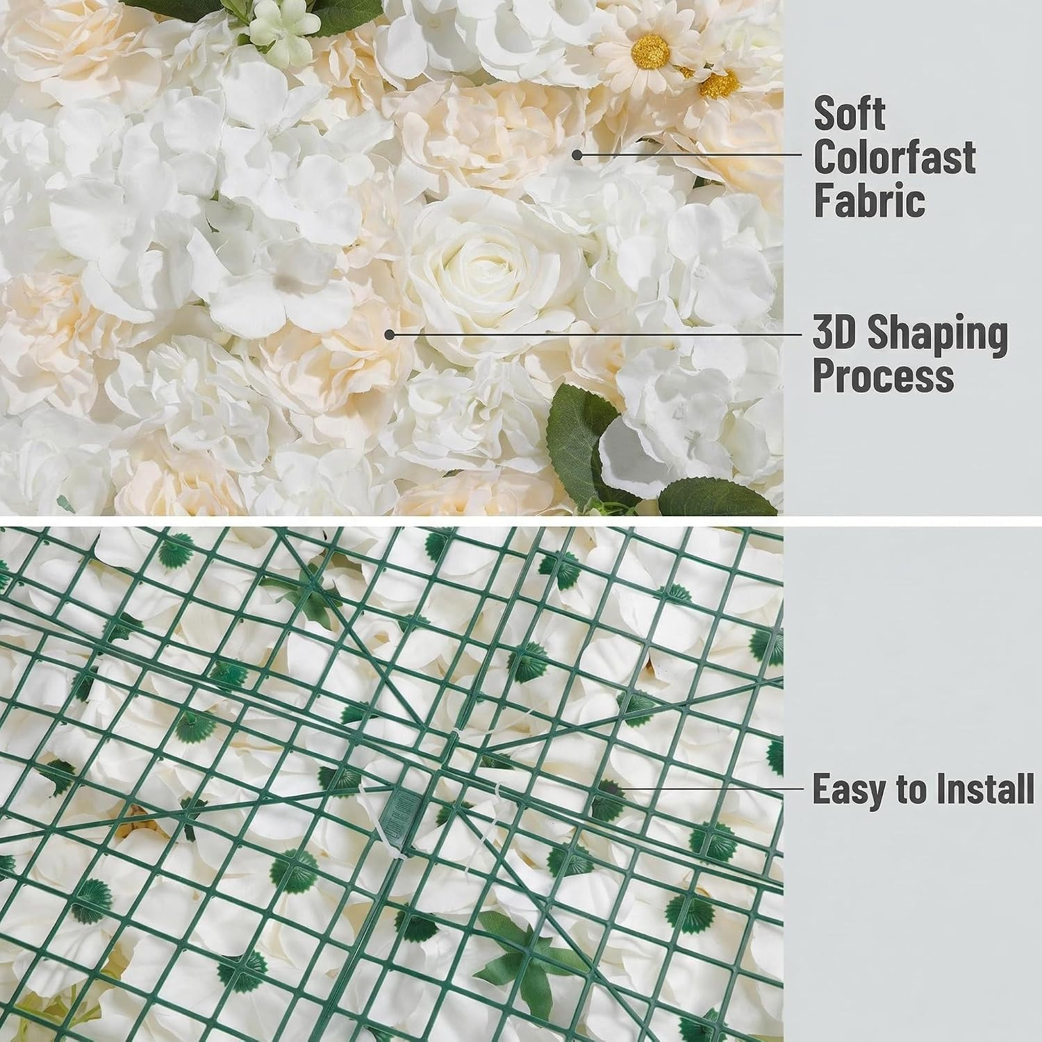 3D Flower Wall Backdrop – 6Pcs 16×24 Inch Artificial Rose Panels White Silk Flor