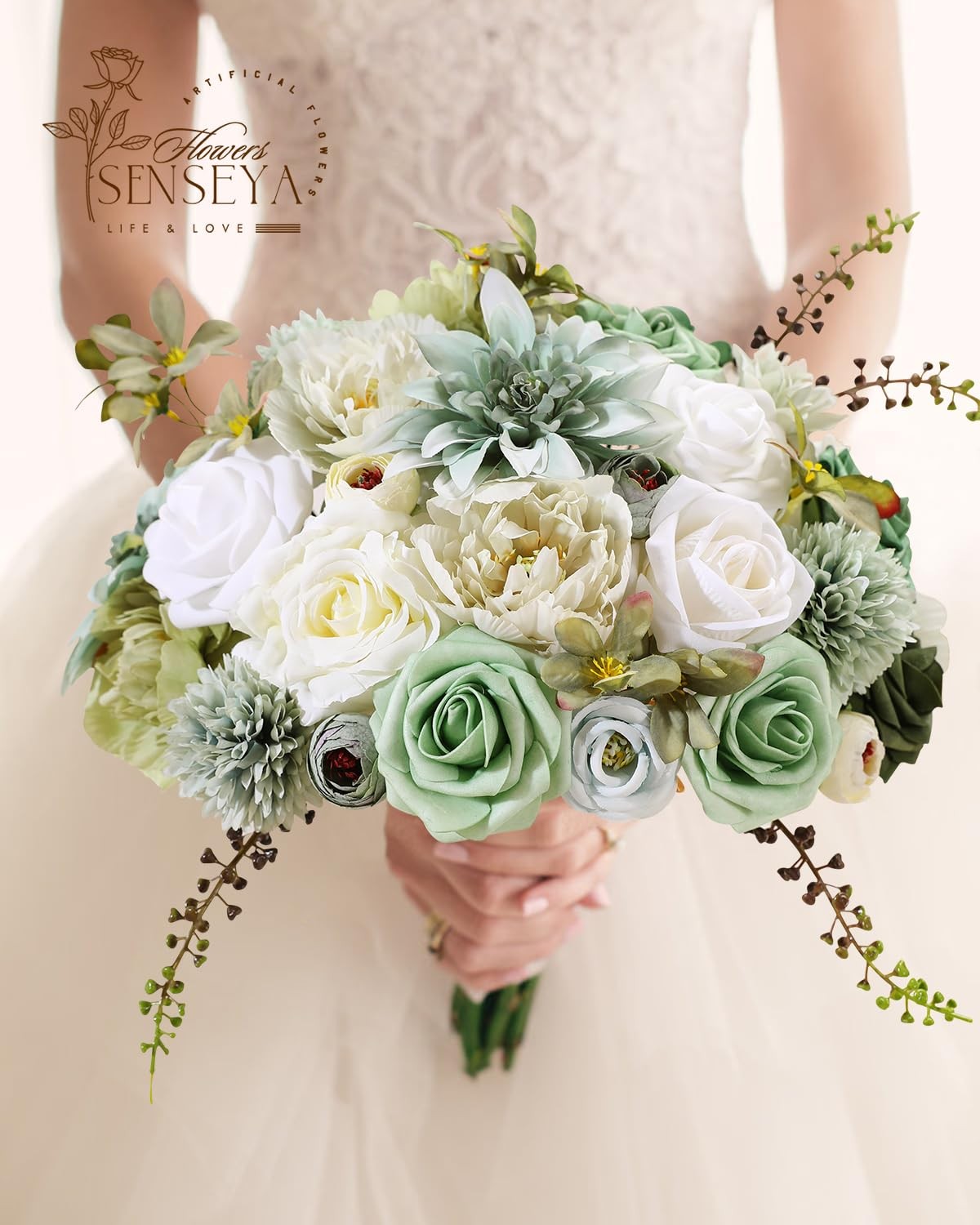 Artificial Flowers Combo Set, Green Silk Roses, Peonies, Dahlias with Stems f…