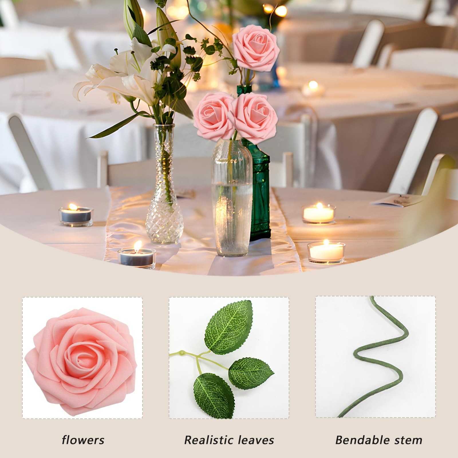 50 PCS Pink Artificial Flowers Roses Foam Fake With Leaves DIY Wedding Decor