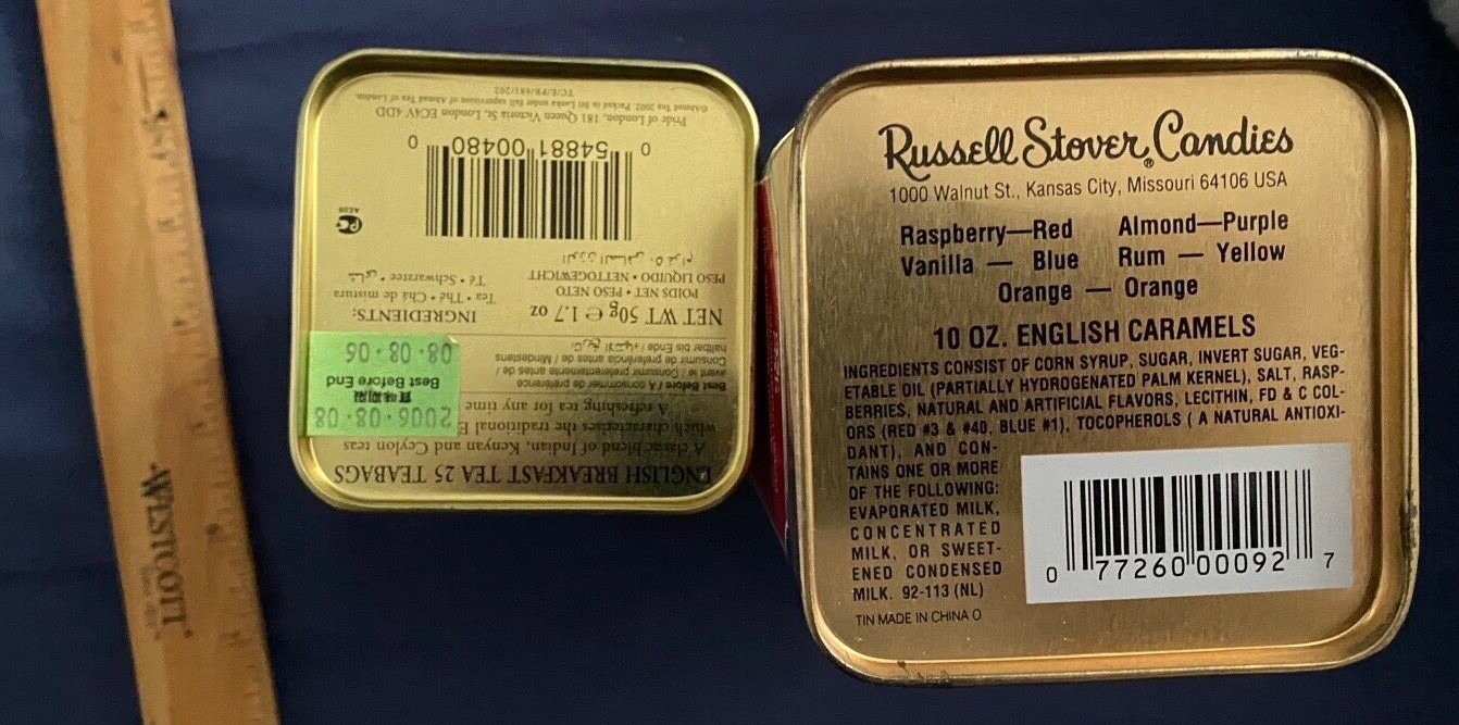English Breakfast Tea & Russel Stover Red Phone Booth Banks (2) Tin Cans-No Food