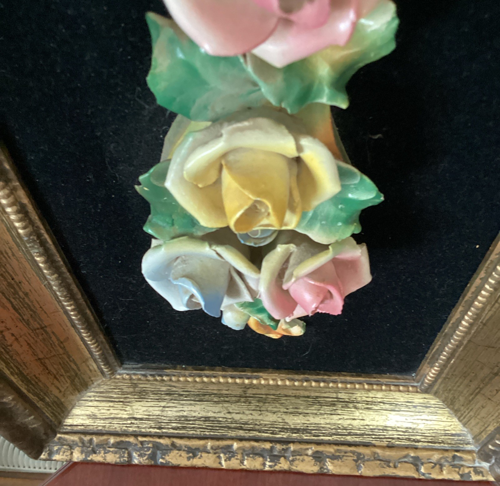 Vintage Capodimonte Italian Porcelain Rose Ornate 3D Framed MCM Art