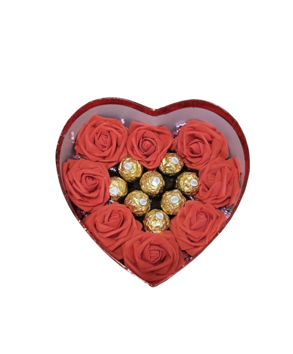 Floral arrangement with boxed chocolates, shape of heart, red flowers eternal