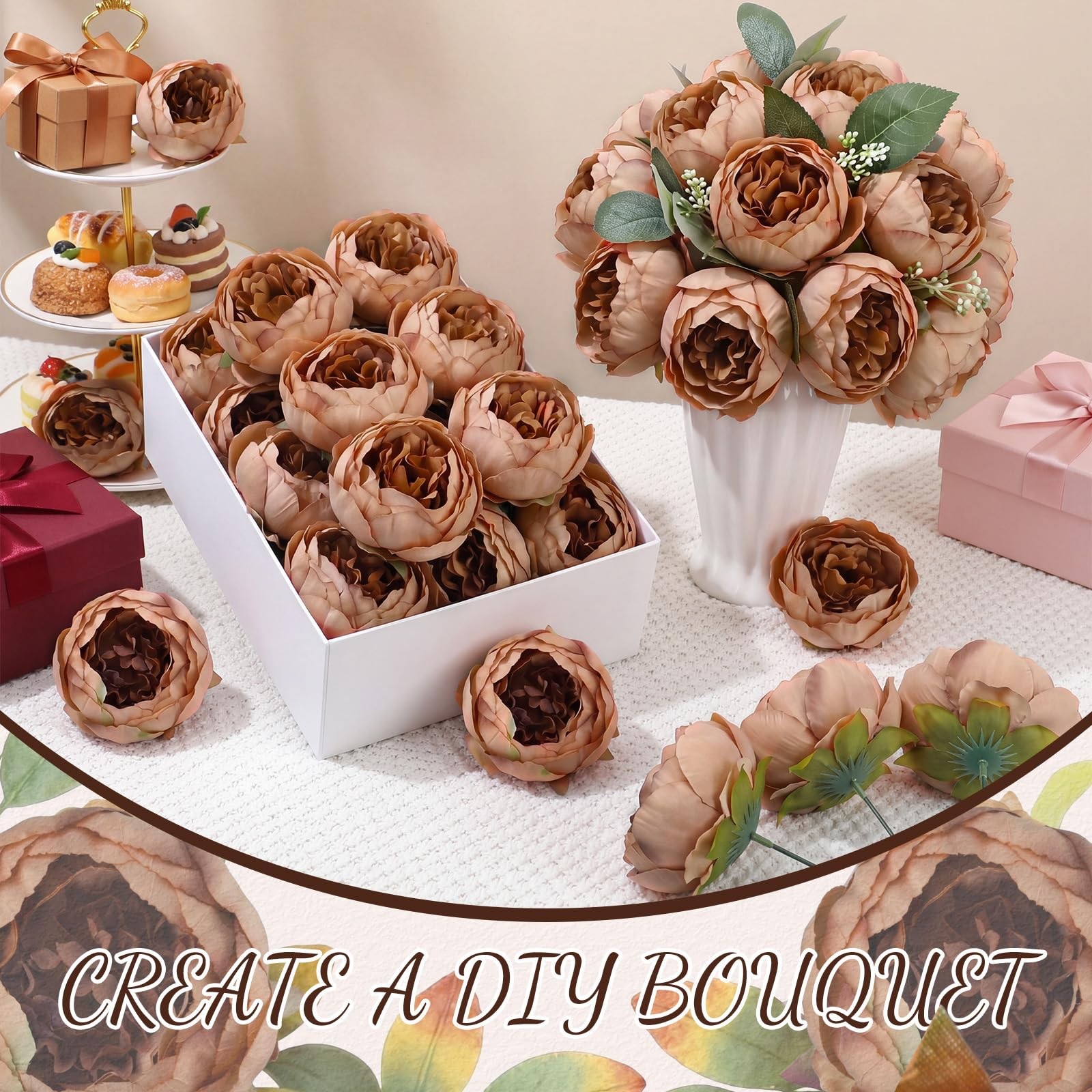 50 Pcs Artificial Peony Flower Bulk 3.5 Inch Silk Peony Flowers Heads with St…