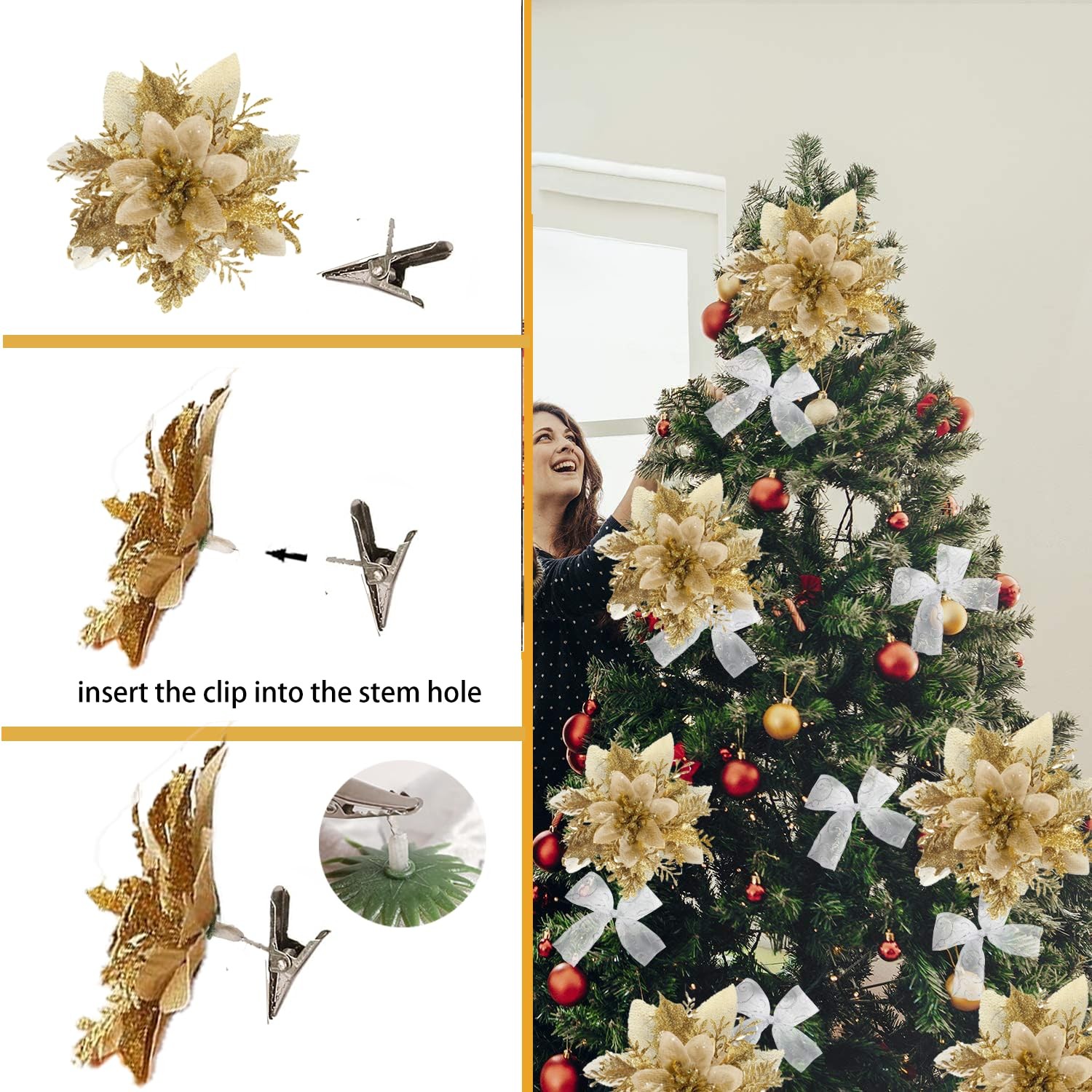 Artificial Poinsettia Flowers Clips Christmas Tree Glitter Ornaments 18 Pack