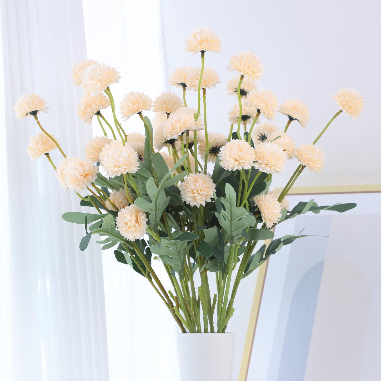 10 Pcs Champagne Kiku Flower Fake Mums Long Stem Flowers,Faux Kiku Flower Bul…