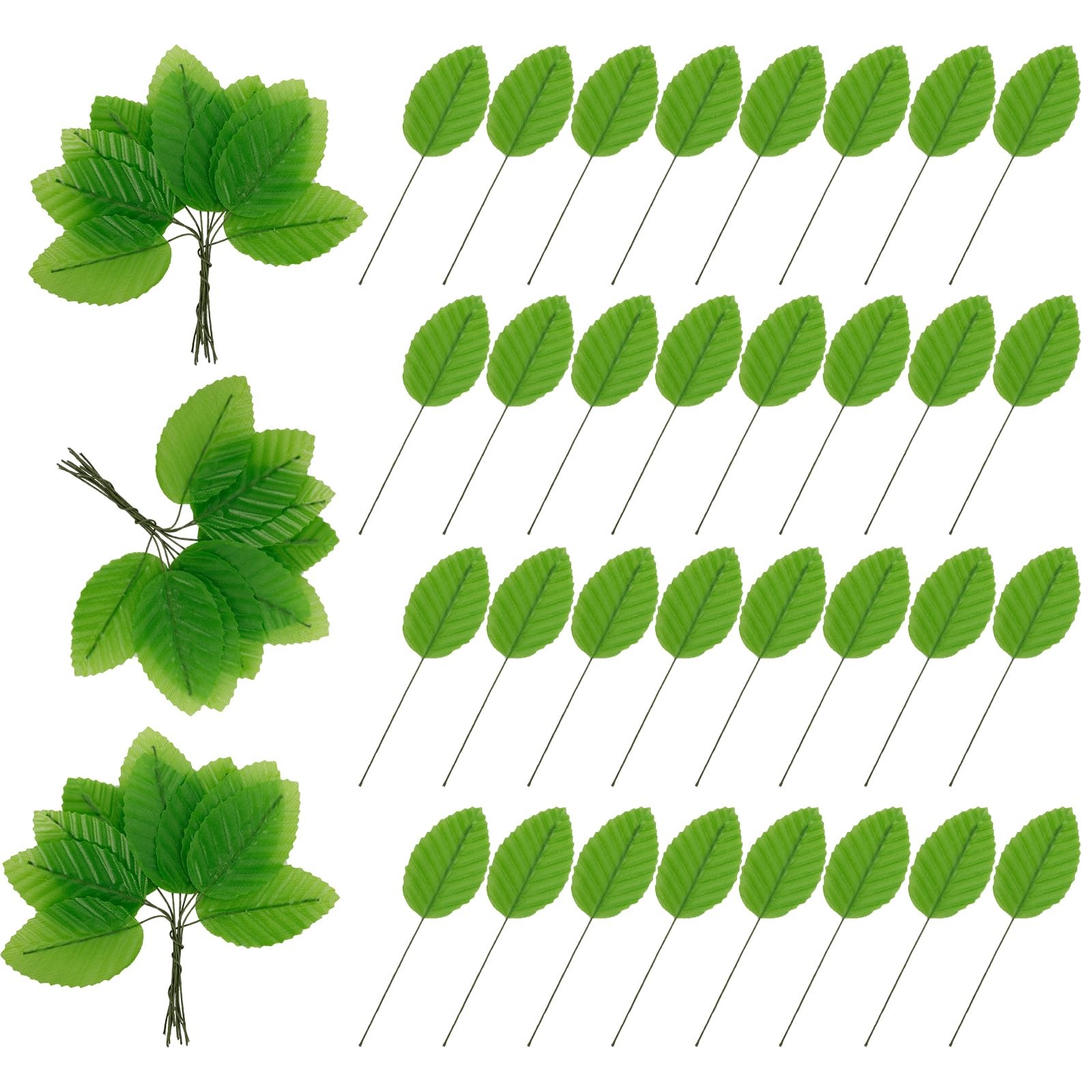 220Pcs Green Faux Wired Leaves – Artificial Silk Leaves for Crafts, DIY Bouqu…