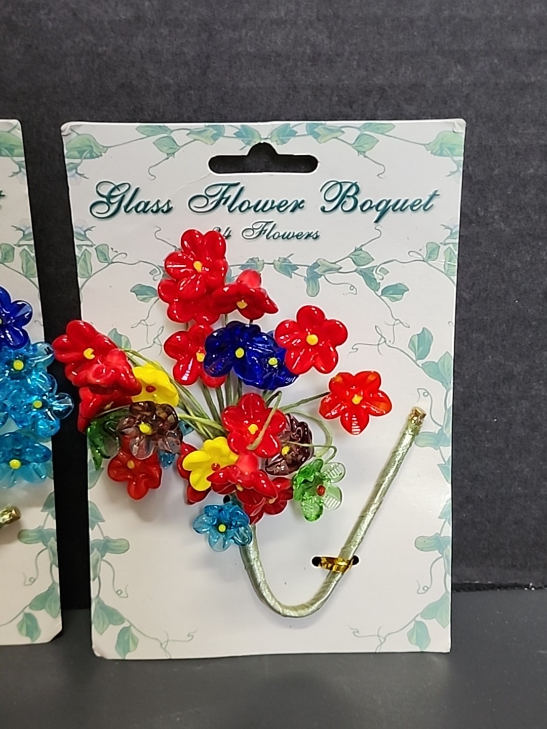 24 Mini Glass Flowers Wire Stem Bouquet Red Blue Yellow Green Purple NOS Lot 3