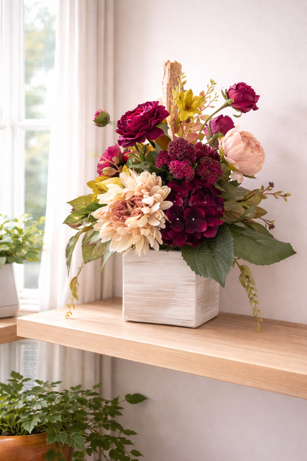 Handmade Silk Flower Centerpiece, Deep Purple Hydrangea, Blush Rose & Mum