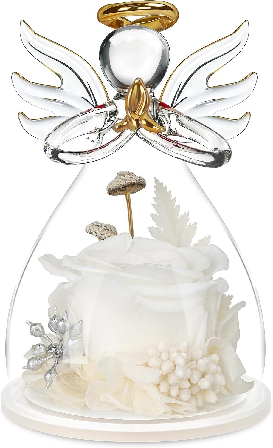 Preserved White Rose in Glass Angel Figurine for Special Occasion Gifts