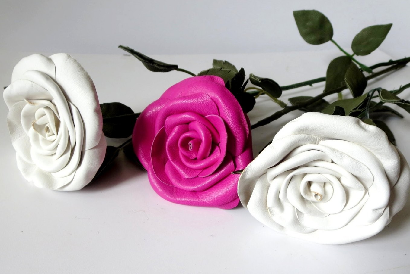 3rd Anniversary Wedding Gift Leather rose bouquet Long Stem white Flowers