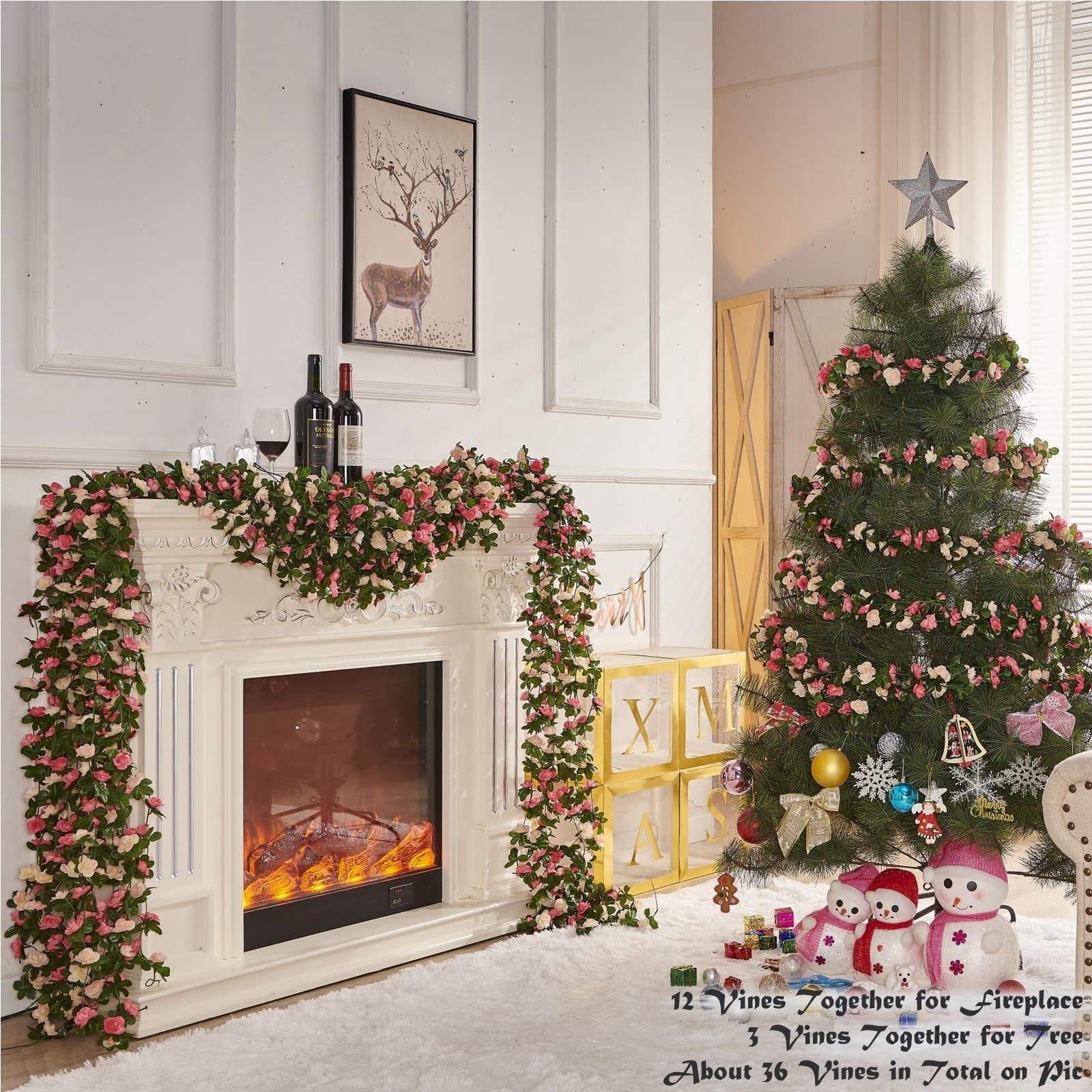 Artificial Flower Garland 8pcs x 8.2ft Floral Rose Vine Decor, Pink Flowers