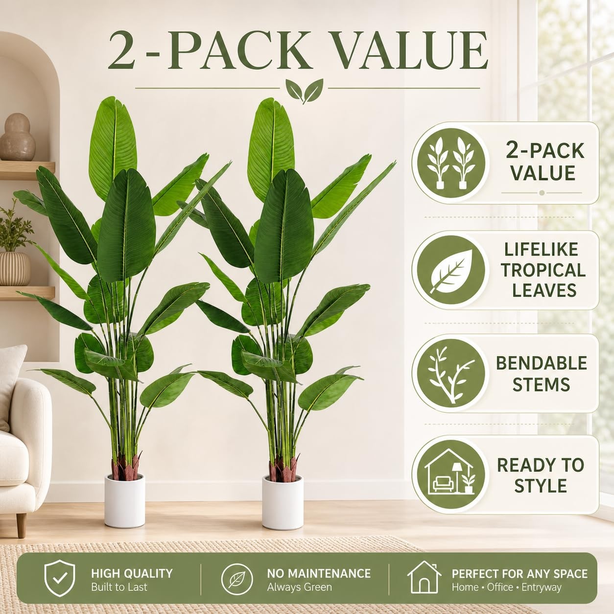 Bird of Paradise Artificial Plant 6 ft Tall Faux Banana Leaf Tree, 2 Pack