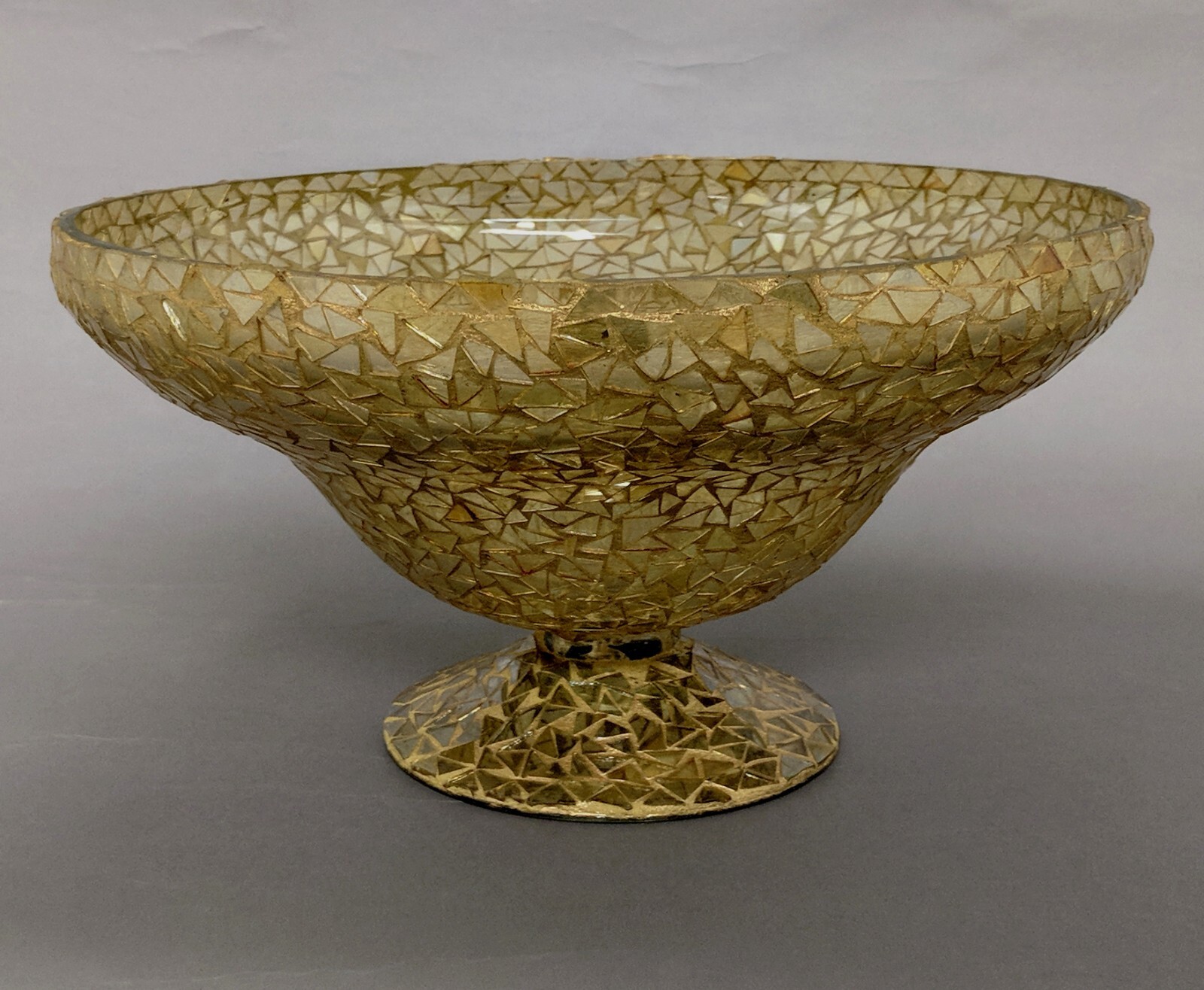 Compote Bowl Gold Mosaic on Glass Triangle Chips 12″Dia 6.5″High FREE SHIPPING