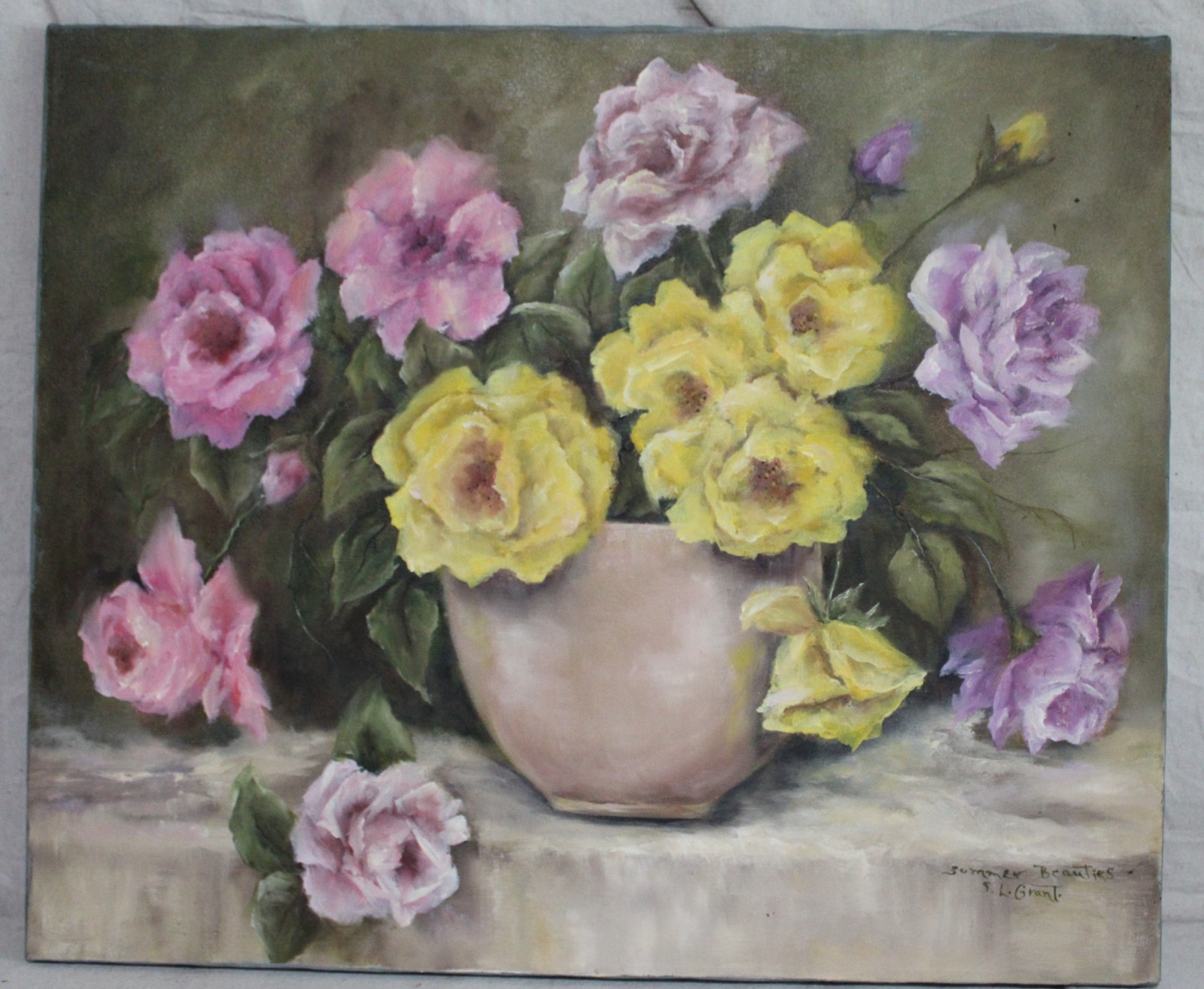 BIG GOLD GILT ORIGINAL OIL PAINTING STILL LIFE FLORAL MID CENTURY SIGNED CANVAS