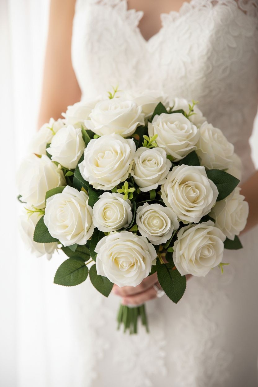 Set of 6 White Rose Stems Faux Roses Artificial White Flowers Farmhouse Wedding