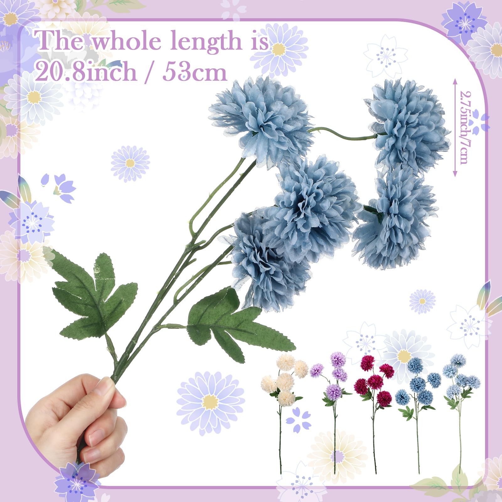 8pcs 21in Artificial Chrysanthemum Navy Blue Silk Mum Flowers with 5 Heads Fa…