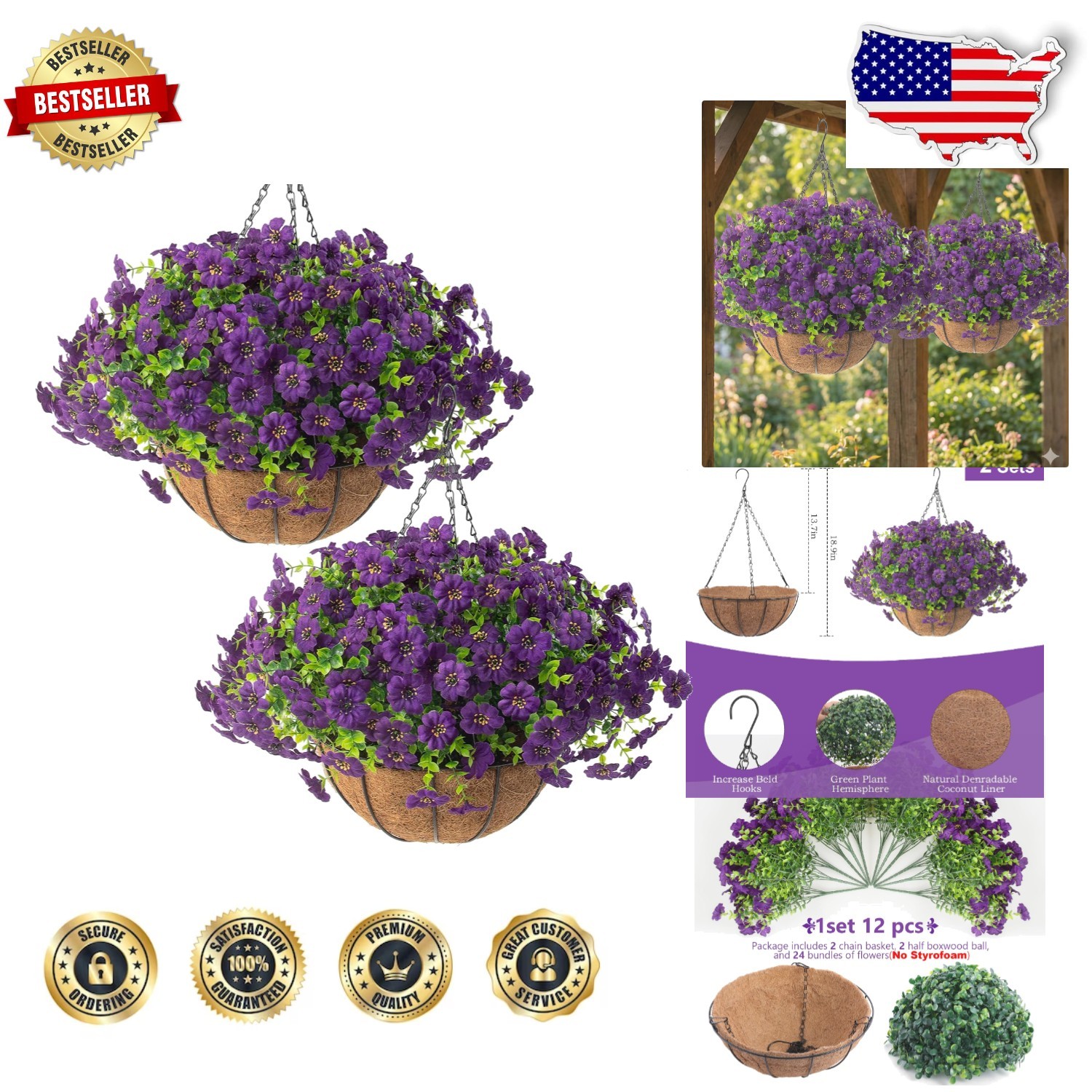 Durable 2 Set Artificial Purple Flowers Hanging Basket Outdoor Home Decor