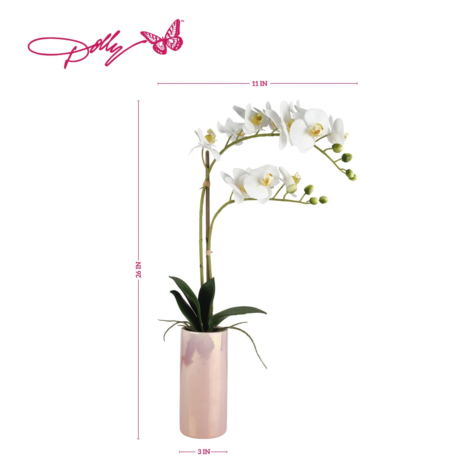 White Artificial Orchid in Pink Ceramic Pot, 9.8×5.5×24 Inch