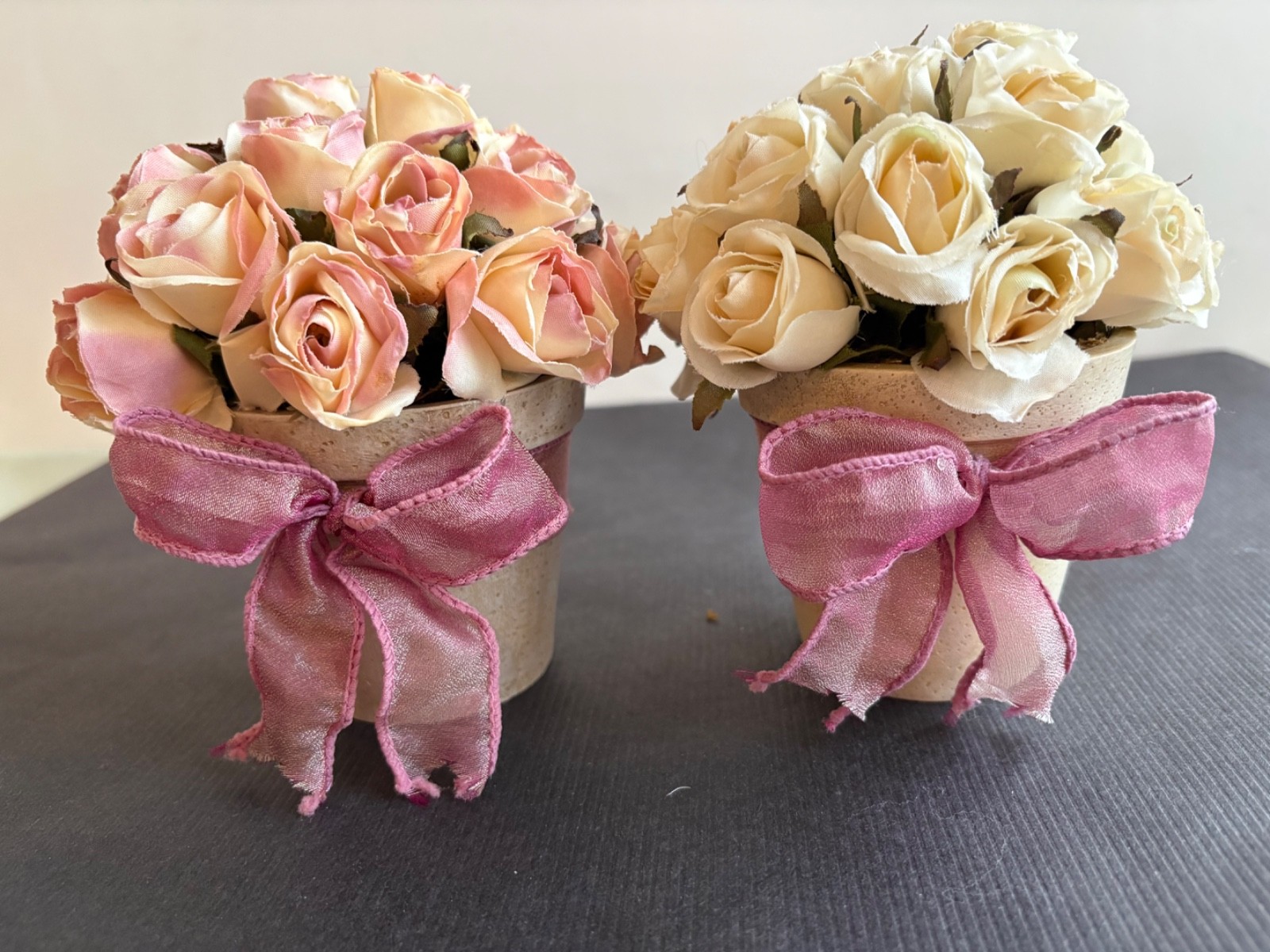 SET of 2 VICTORIAN FAUX ROSES w/ RIBBON BOW 5 1/2″ H x 5 1/2″ W-CREAM & PINK