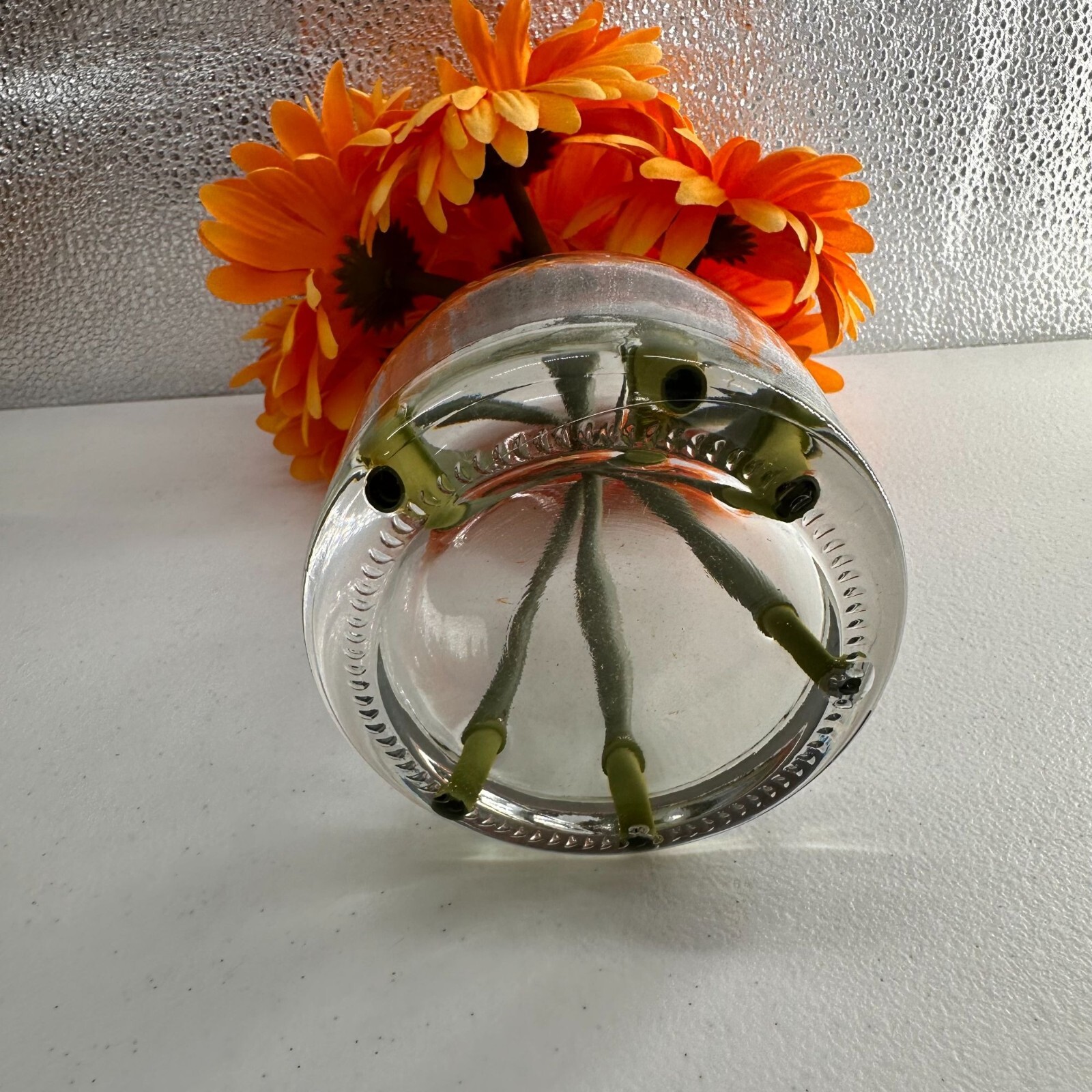Artificial Orange Gerbera Daisy Bouquet Clear Glass Vase Centerpiece Fall Faux b