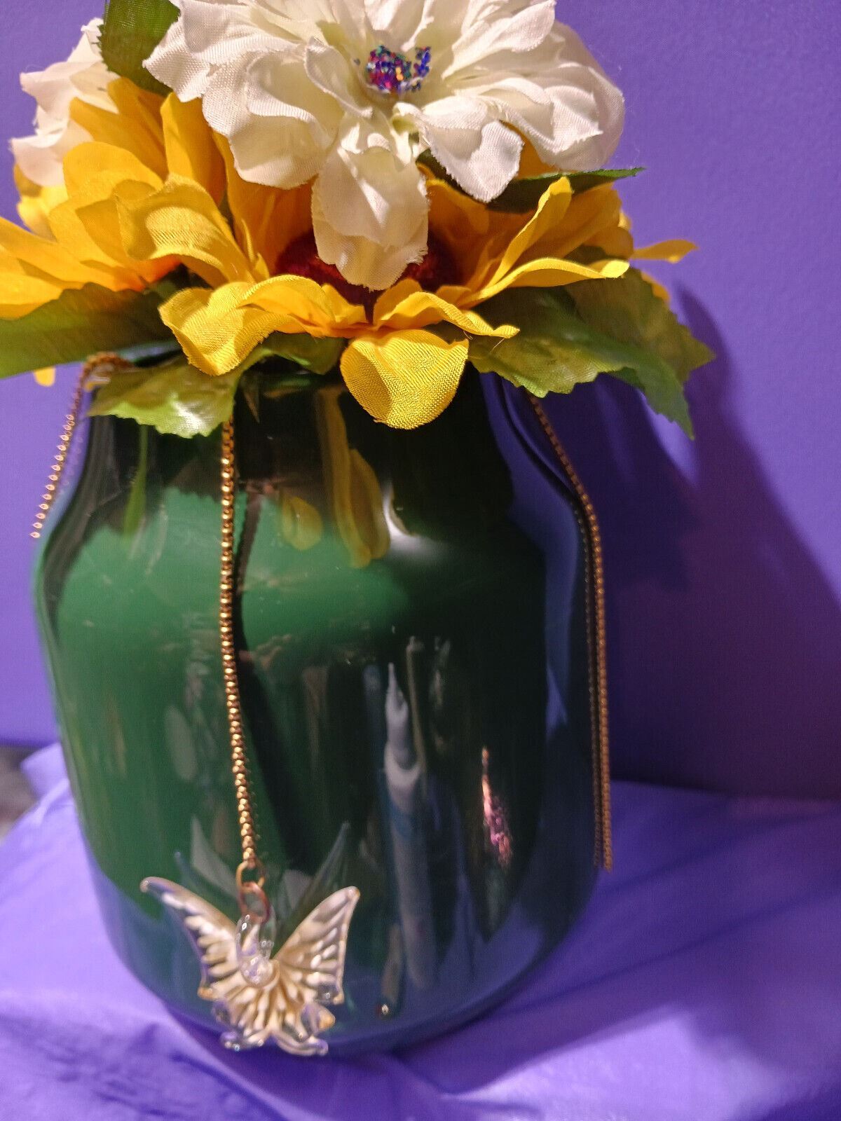 Artificial Flower Arrangement Vintage Green Vase Glass Butterfly On Gold Chain