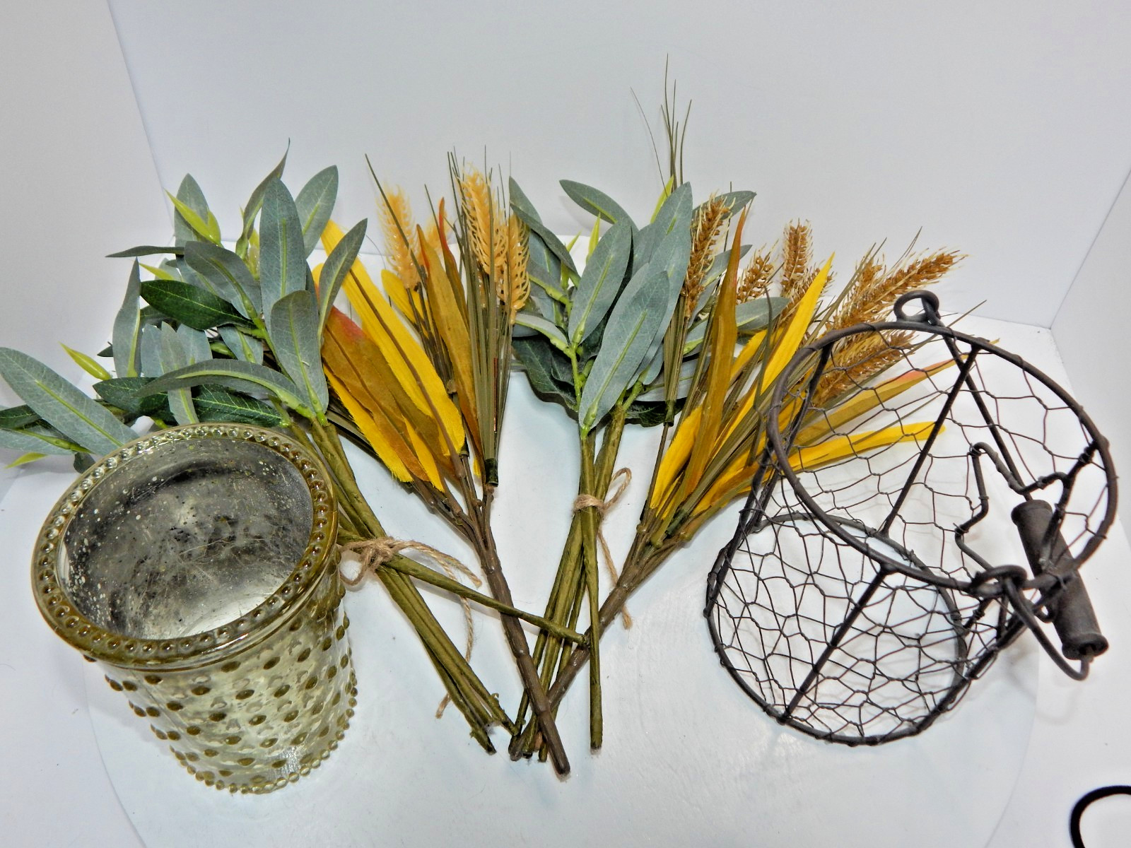 Bouquet Mix Artificial Fall Foilage ripened wheat grains stems glass wire basket