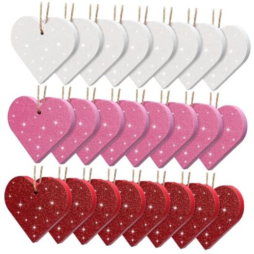 24 Pcs Valentine’s Day Heart Ornaments for Tree Wooden Pink Red White Glitter