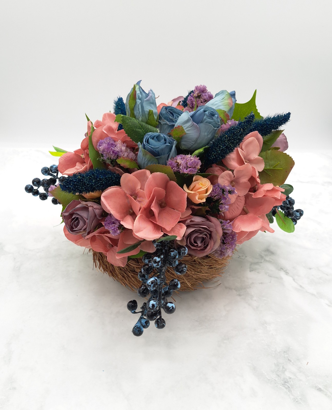 Handmade Blue Rose Blueberry Dried/Silk Flower Arrangement w/ Vintage Basket