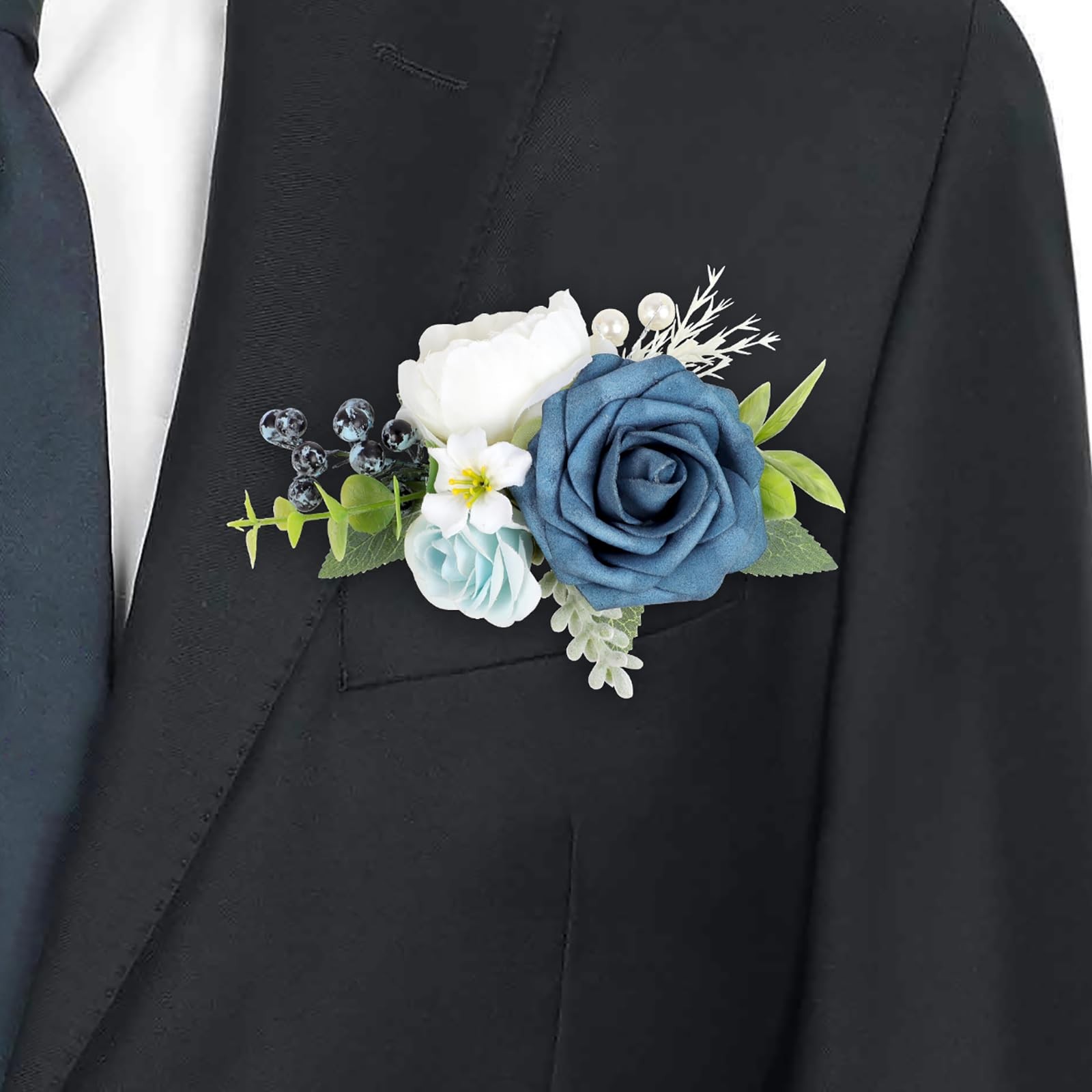 Dusty Blue Flowers Pocket Boutonniere Men Groom Wedding Formal Party