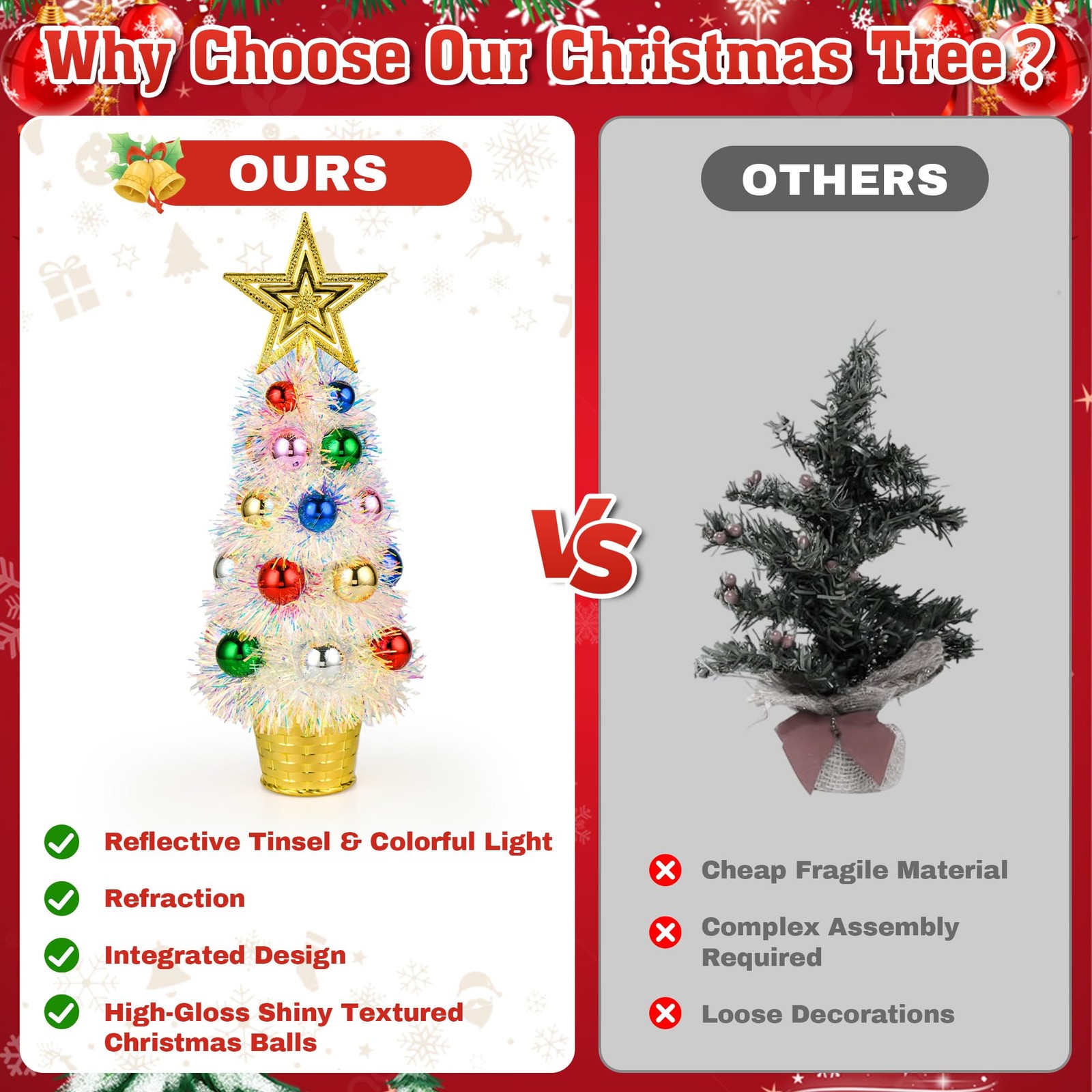 2 PCS 14 Inch Mini White Tinsel Tabletop Christmas Trees Multicolored Decor