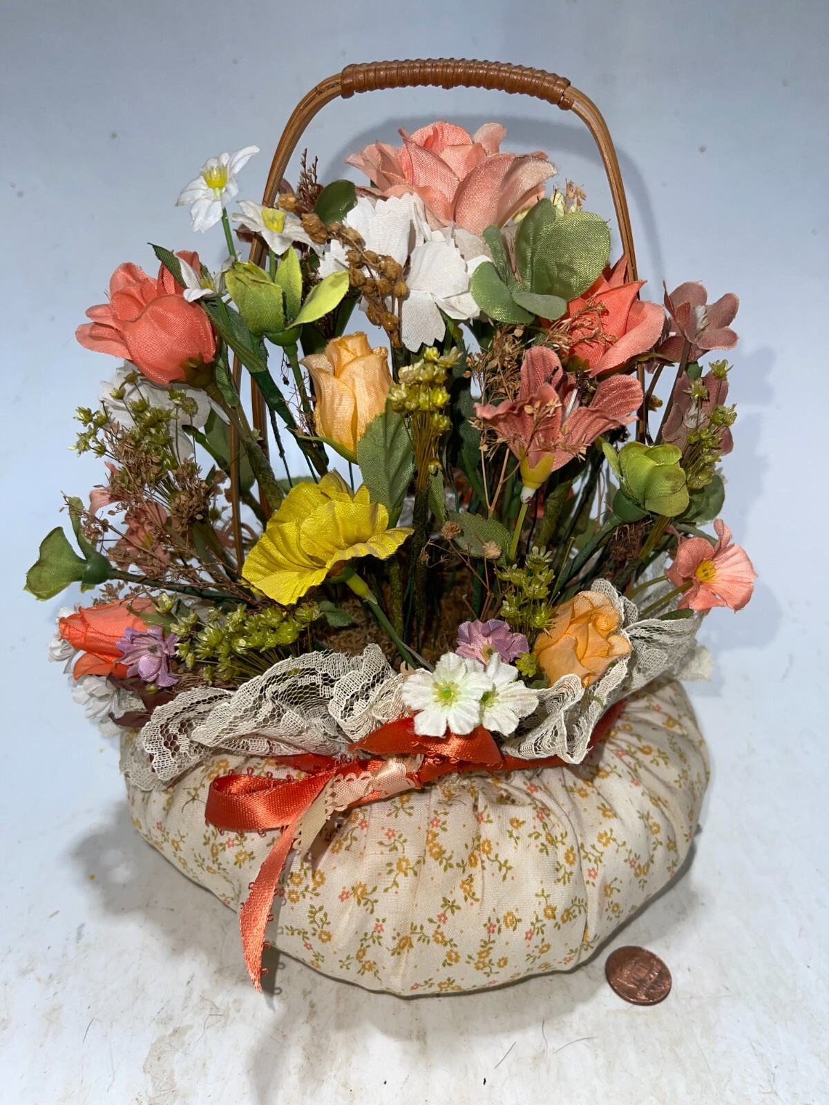 Floral Arrangement In A Basket W/ Polyester Filled Fabric Covered Bottom
