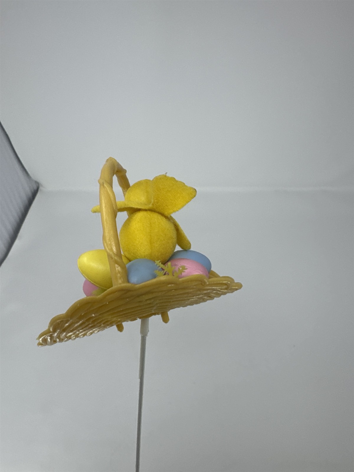 Vtg Easter Basket Chick Floral Pick Flocked Yellow Bird Plastic Eggs Spray 12″