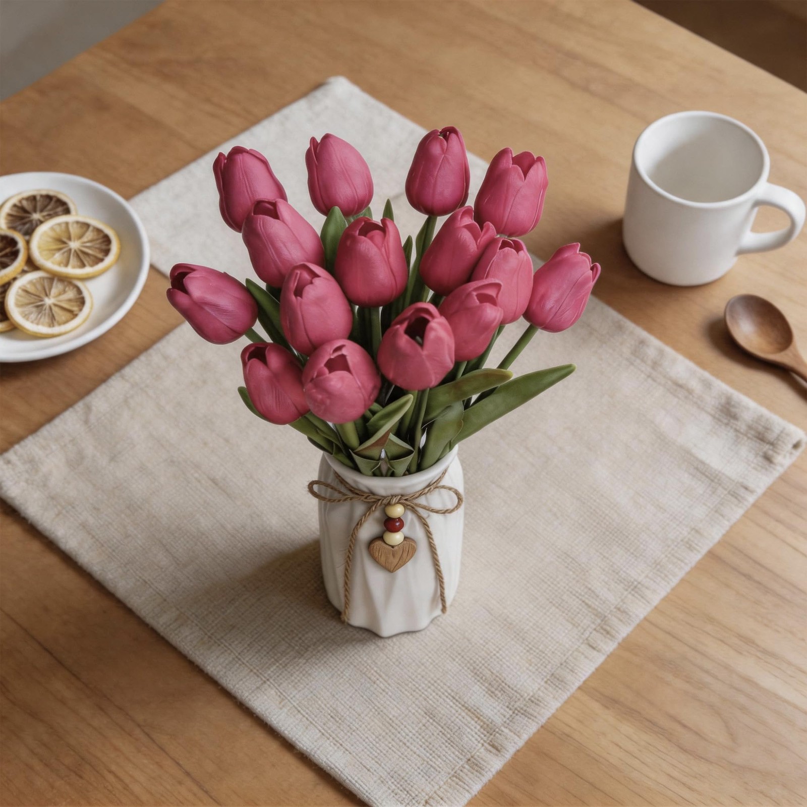 Artificial Tulip Flower Arrangement in Ceramic Vase with Rustic Heart Charm, …