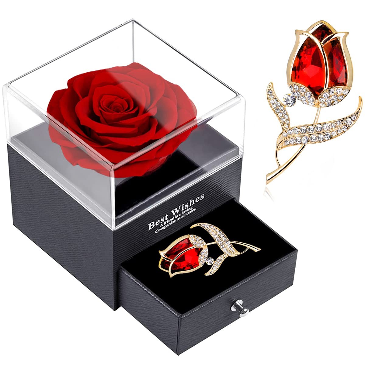 SWEETIME Preserved Red Rose Gift Box Enchanted Real Roses with Ruby Brooch, E…