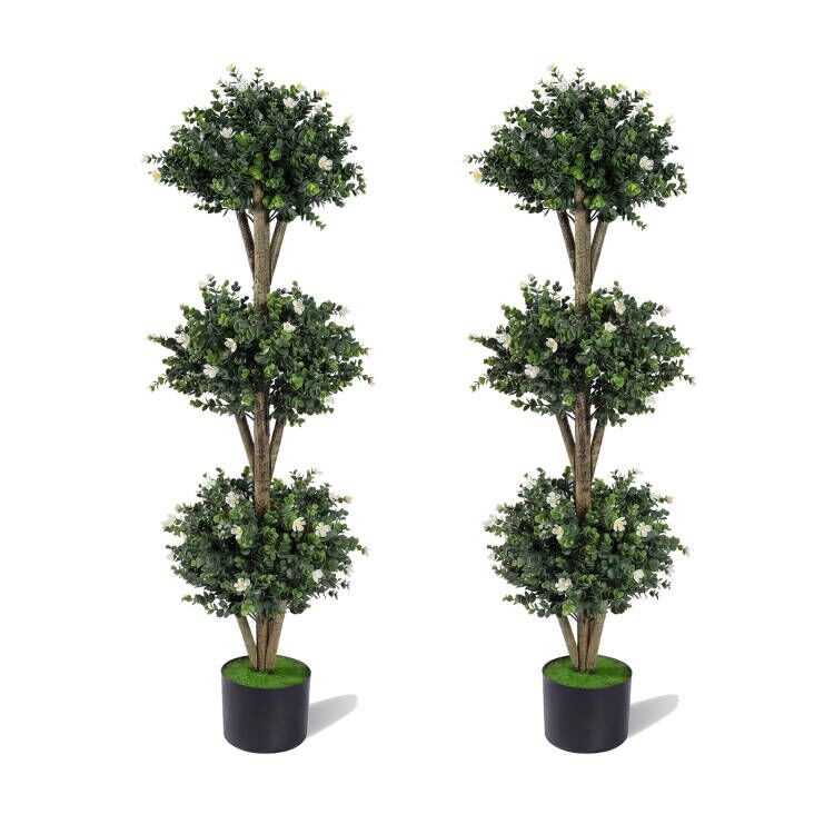 2PCS Artificial Triple Ball Boxwood Topiary Tree w/59 Blossoms for Porch Home