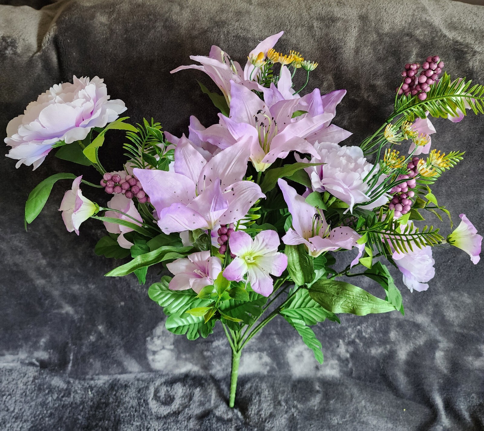 NWT spring summer blooming purple, yellow peony & tiger lily floral spray, 26″